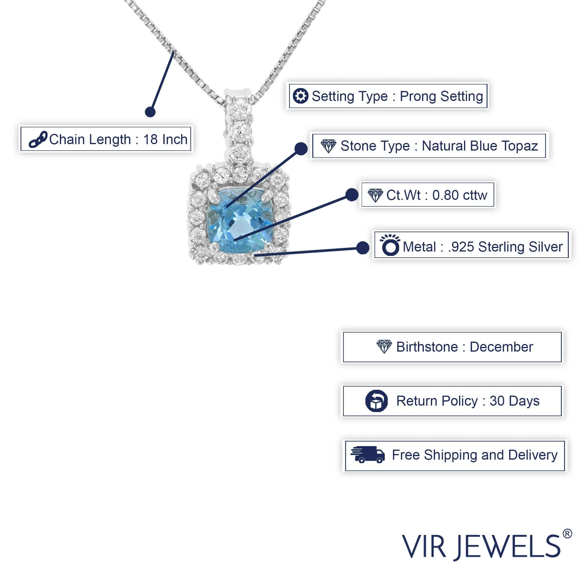 0.80 cttw Pendant Necklace, Blue Topaz Pendant Necklace for Women in .925 Sterling Silver, 18 Inch Chain, Prong Setting