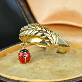 14K Gold Leaf Red Enamel Ladybug Charm Ring