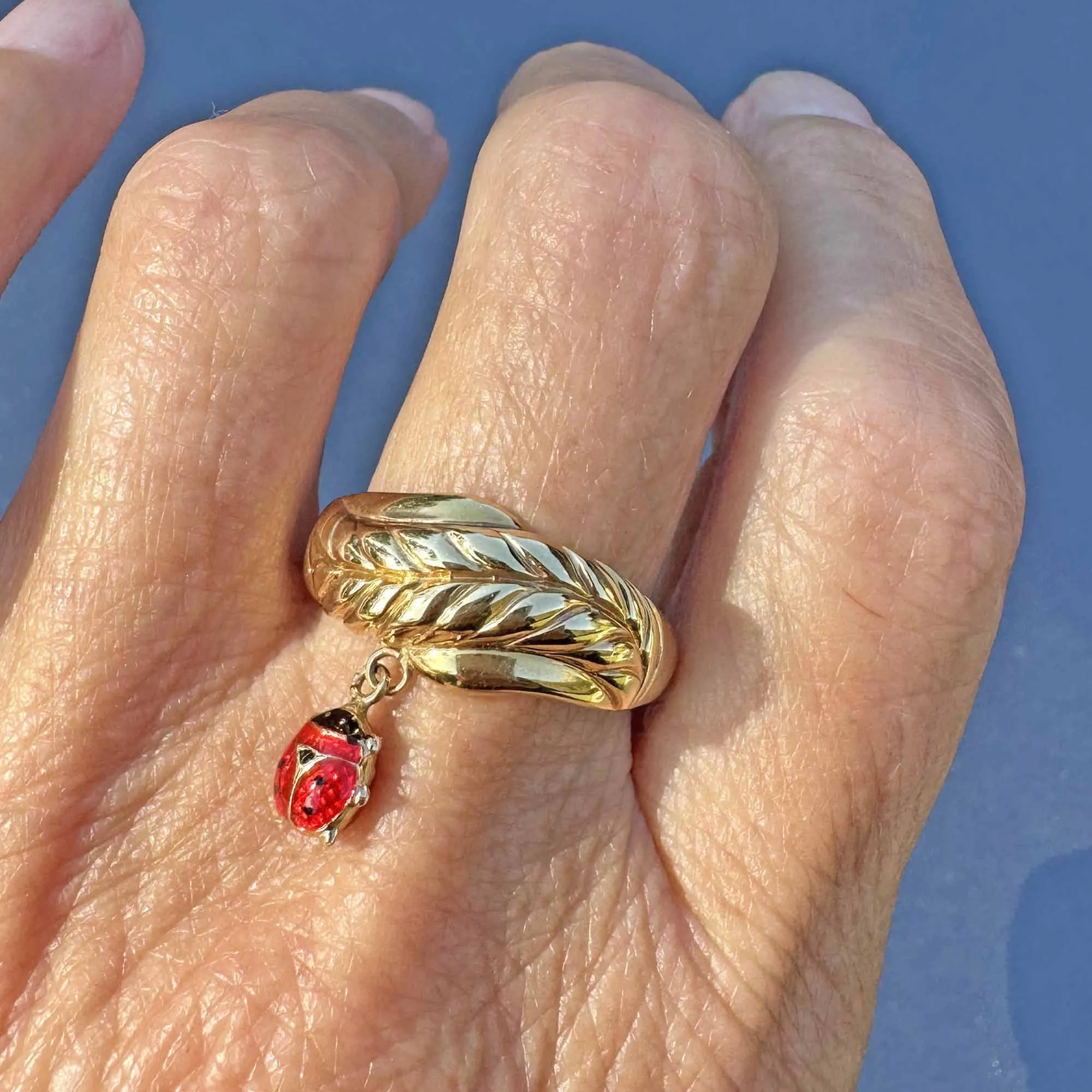 14K Gold Leaf Red Enamel Ladybug Charm Ring