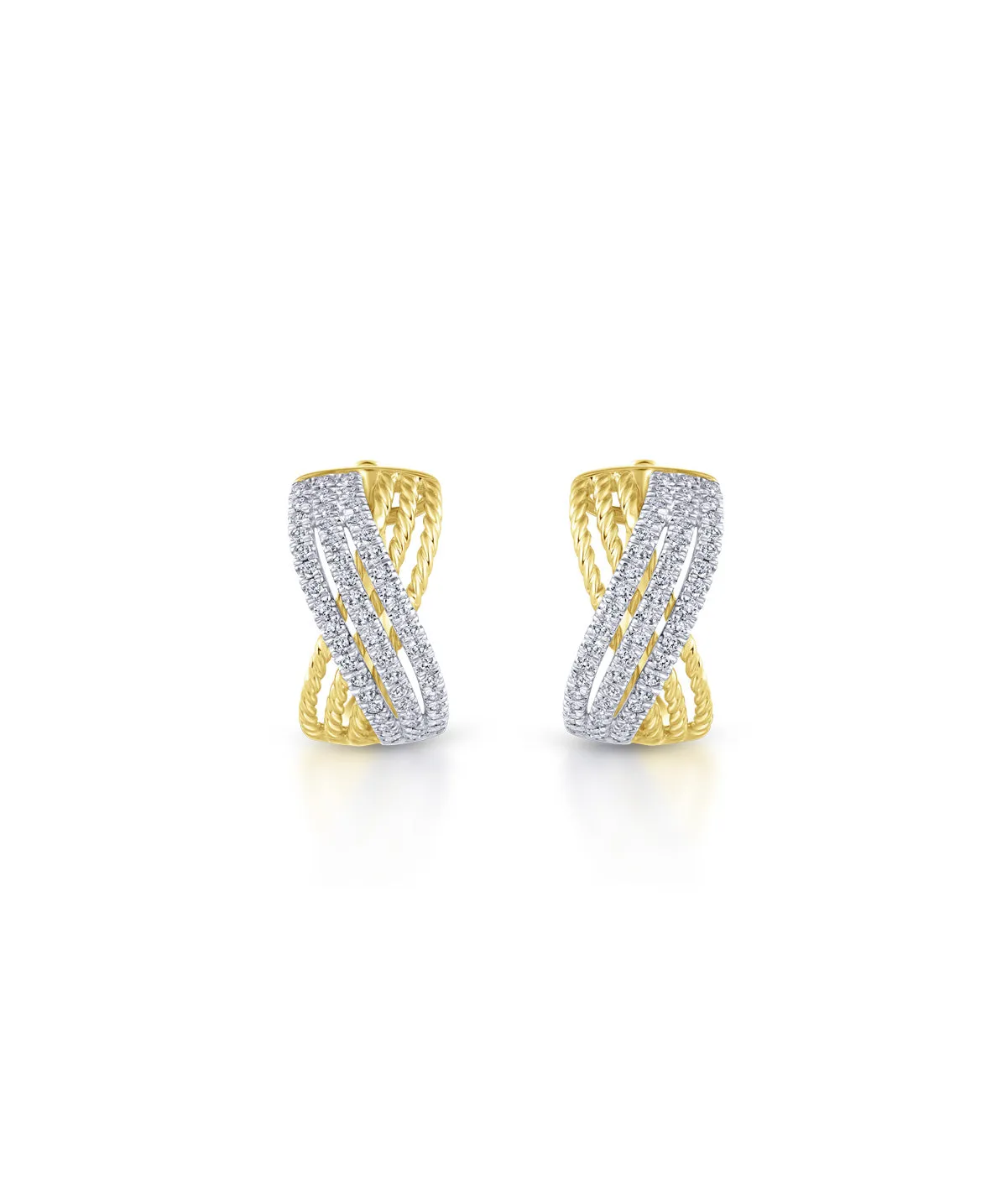 14K Yellow White Gold 15mm Twisted Criss Cross Diamond Huggies