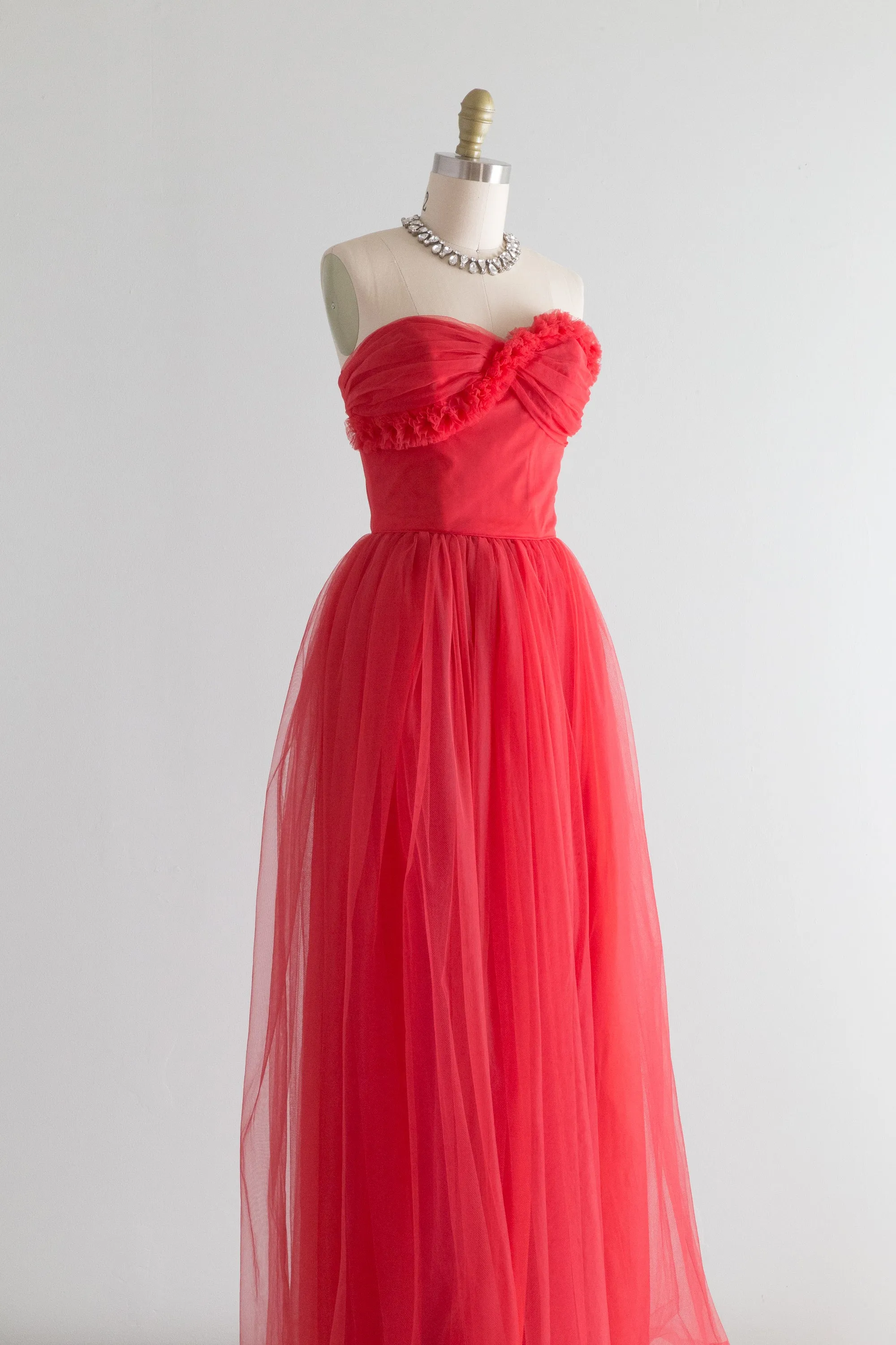 1950's Classic Ruby Red Strapless Prom Dress by Lorie Deb / Waist 24