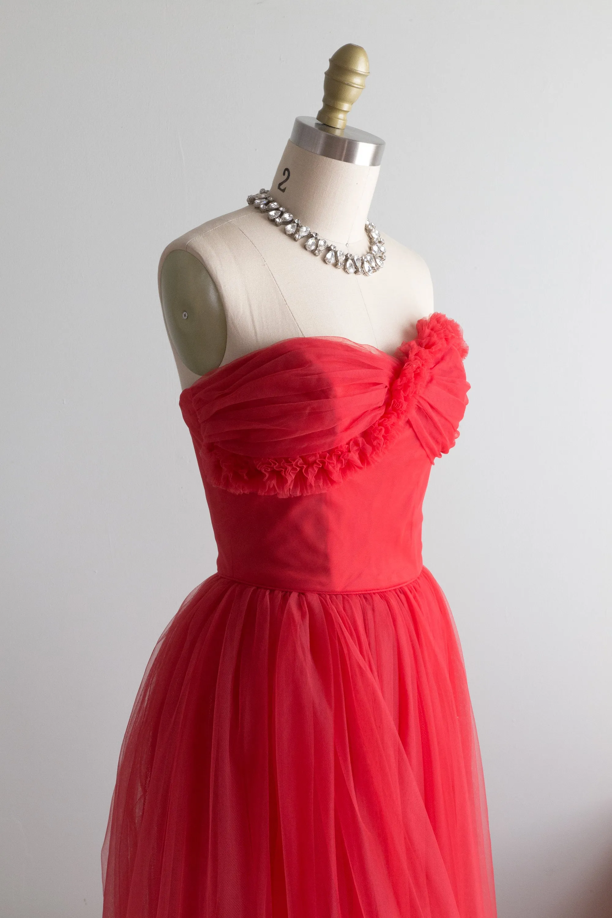 1950's Classic Ruby Red Strapless Prom Dress by Lorie Deb / Waist 24