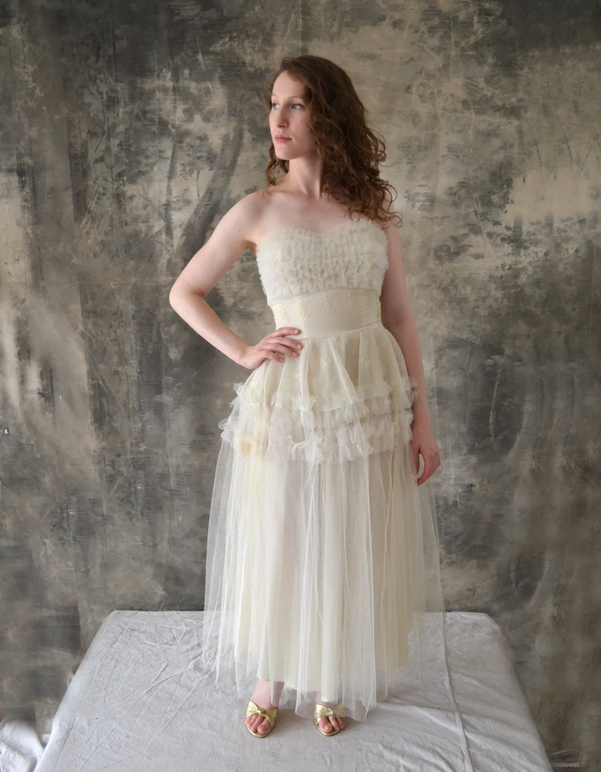 1950s Strapless White Tulle Dress size XS