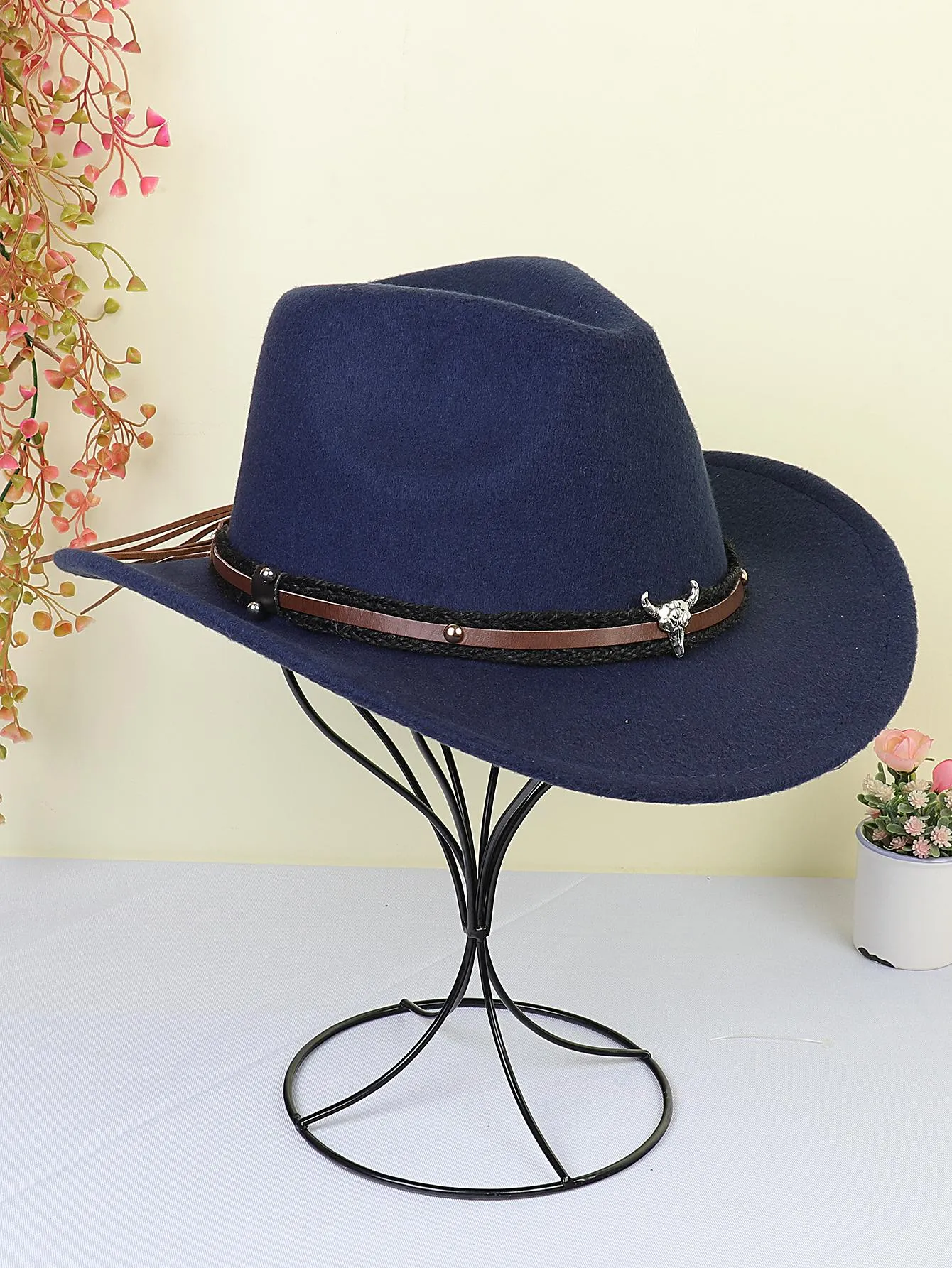 1pc Women Braided Detail Cattle Head Decor Cowboy Fedora Hat For Autumn