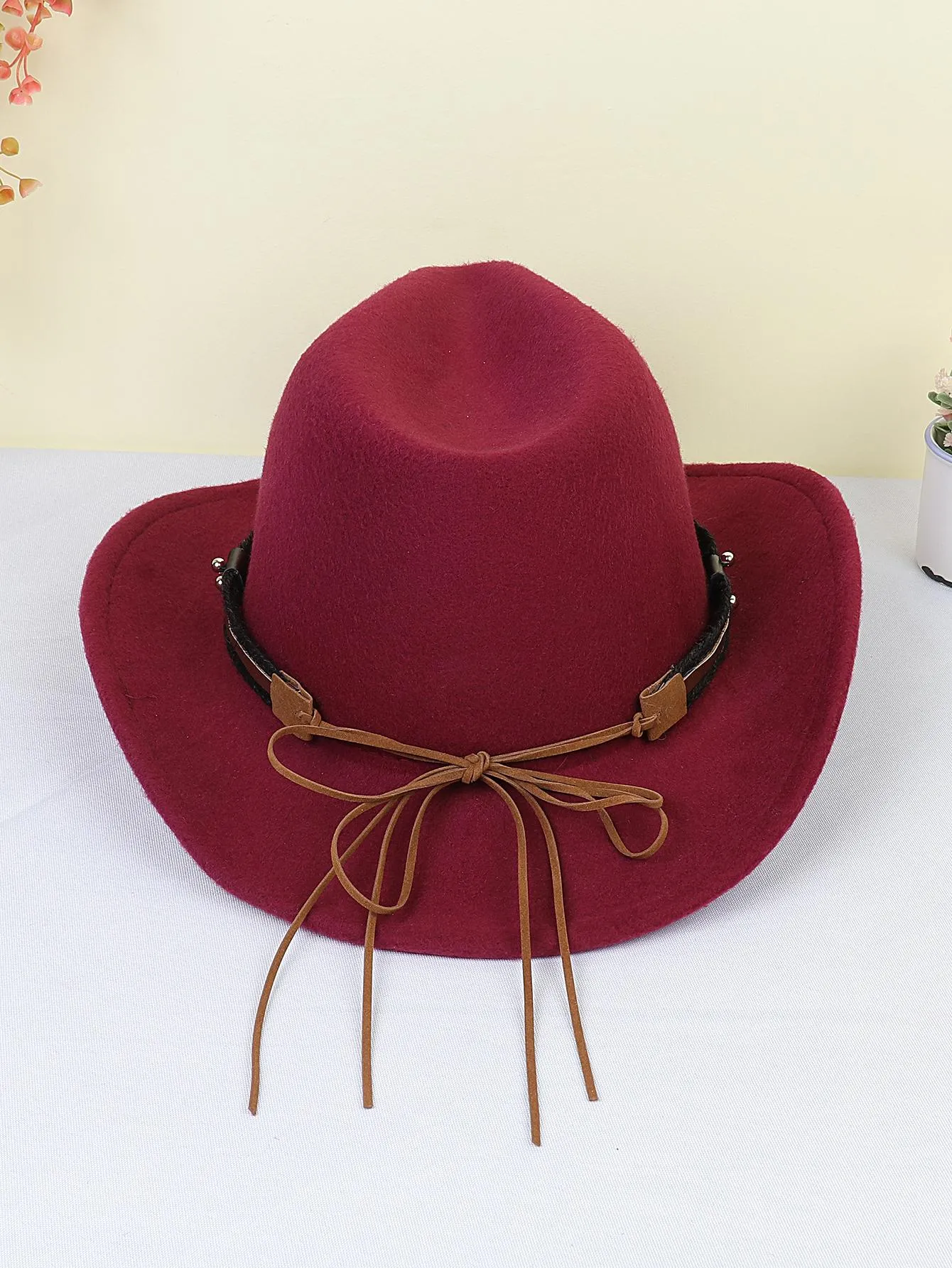 1pc Women Braided Detail Cattle Head Decor Cowboy Fedora Hat For Autumn