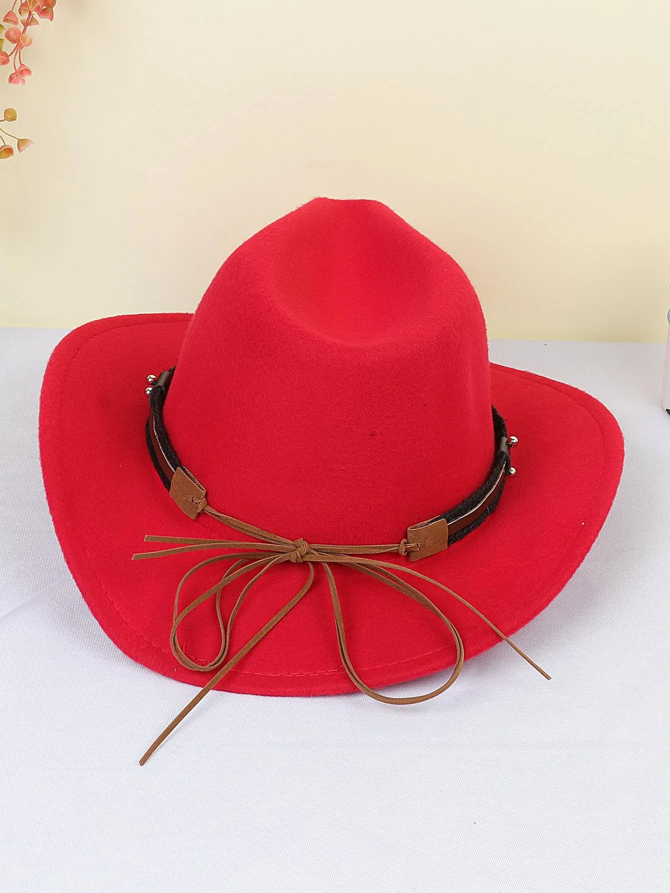 1pc Women Braided Detail Cattle Head Decor Cowboy Fedora Hat For Autumn