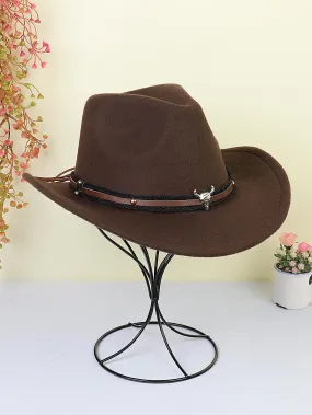 1pc Women Braided Detail Cattle Head Decor Cowboy Fedora Hat For Autumn