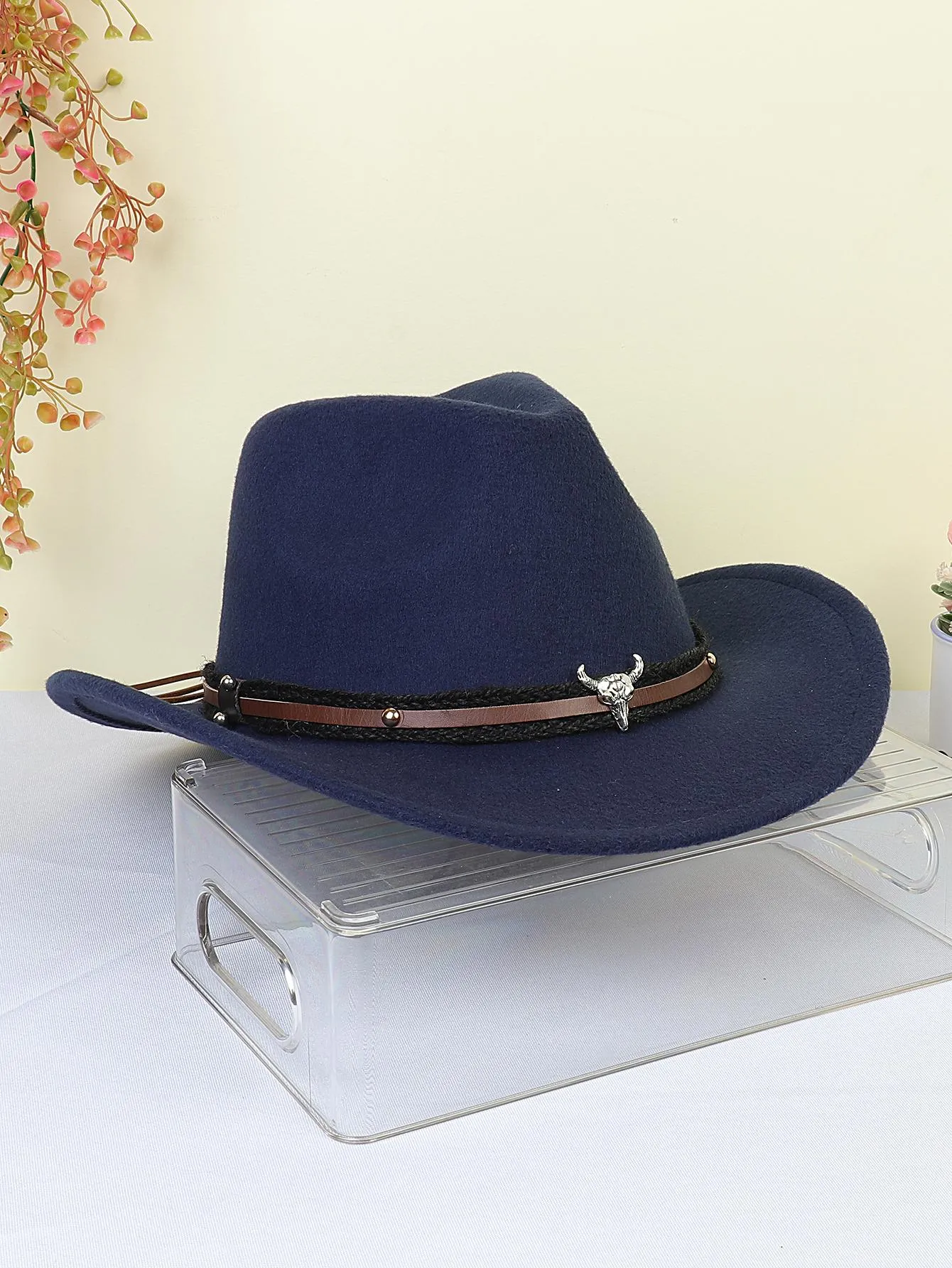 1pc Women Braided Detail Cattle Head Decor Cowboy Fedora Hat For Autumn