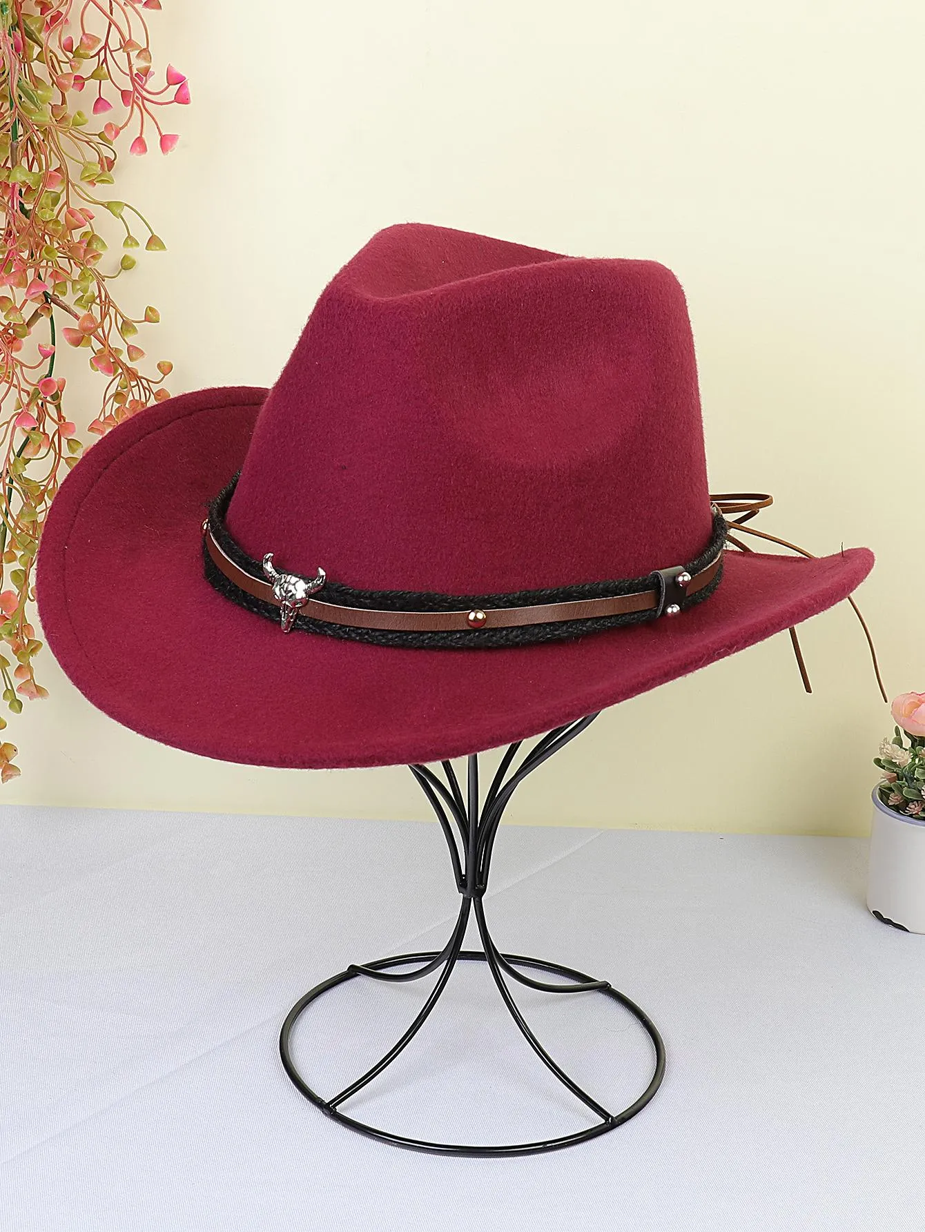 1pc Women Braided Detail Cattle Head Decor Cowboy Fedora Hat For Autumn