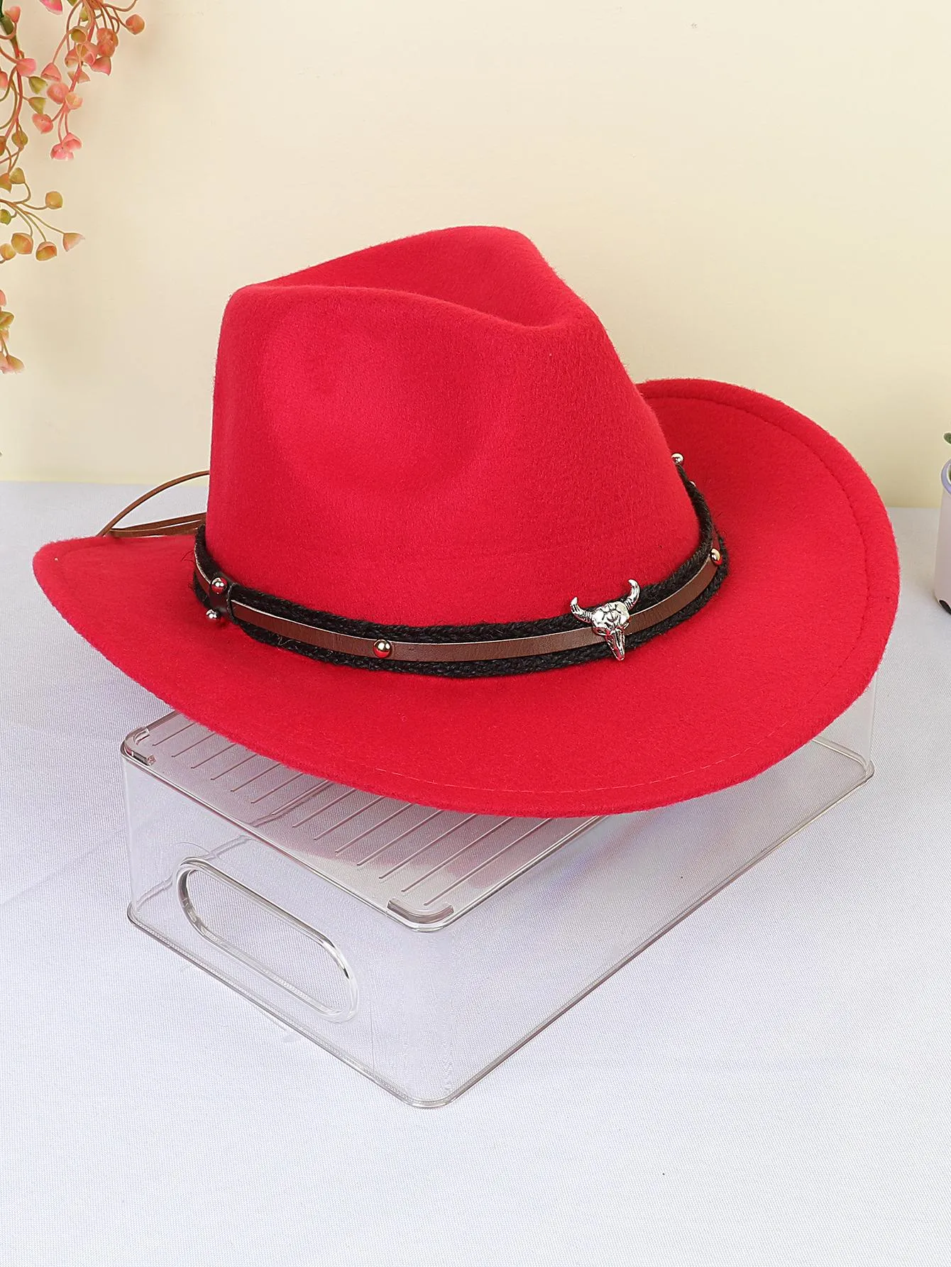 1pc Women Braided Detail Cattle Head Decor Cowboy Fedora Hat For Autumn