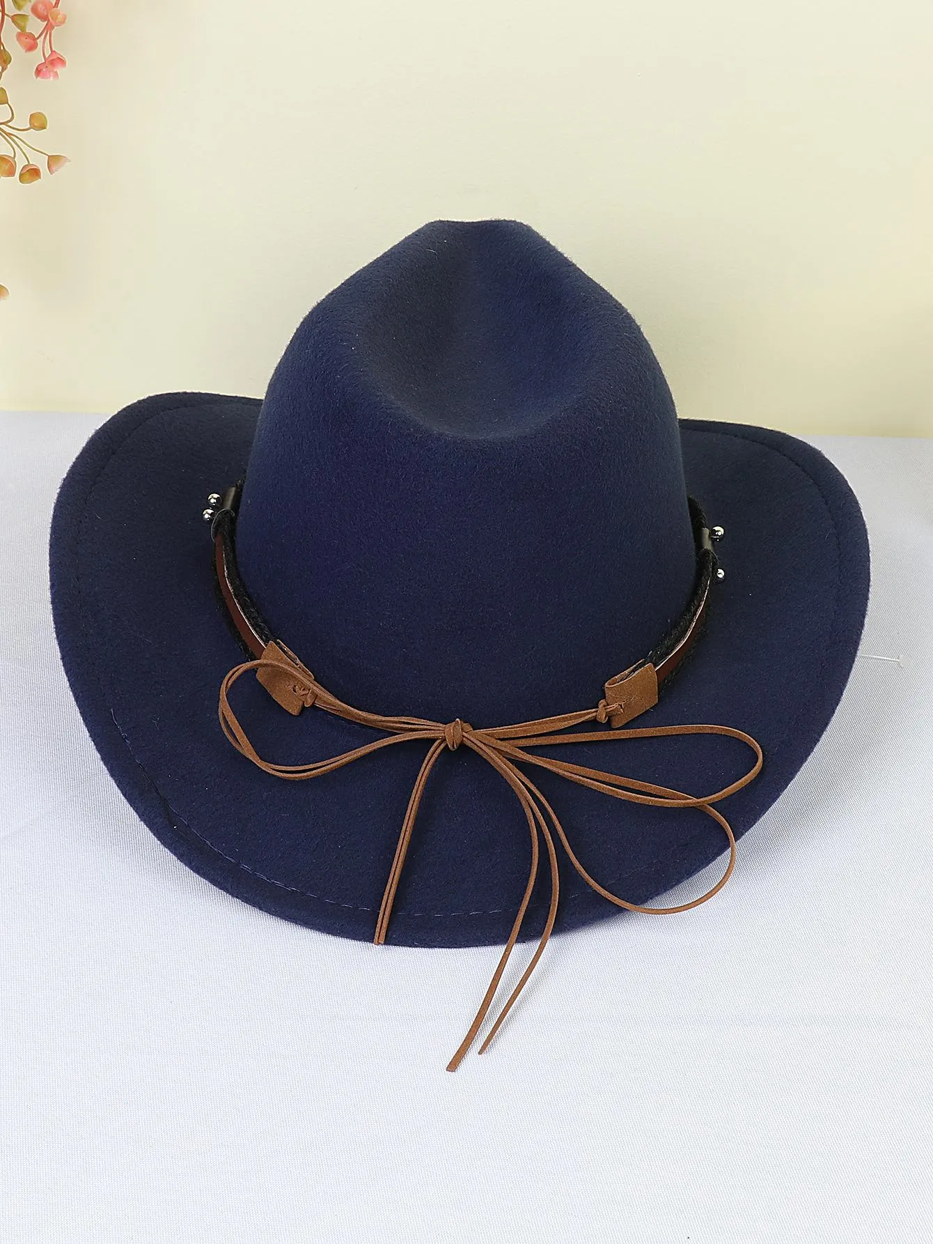 1pc Women Braided Detail Cattle Head Decor Cowboy Fedora Hat For Autumn