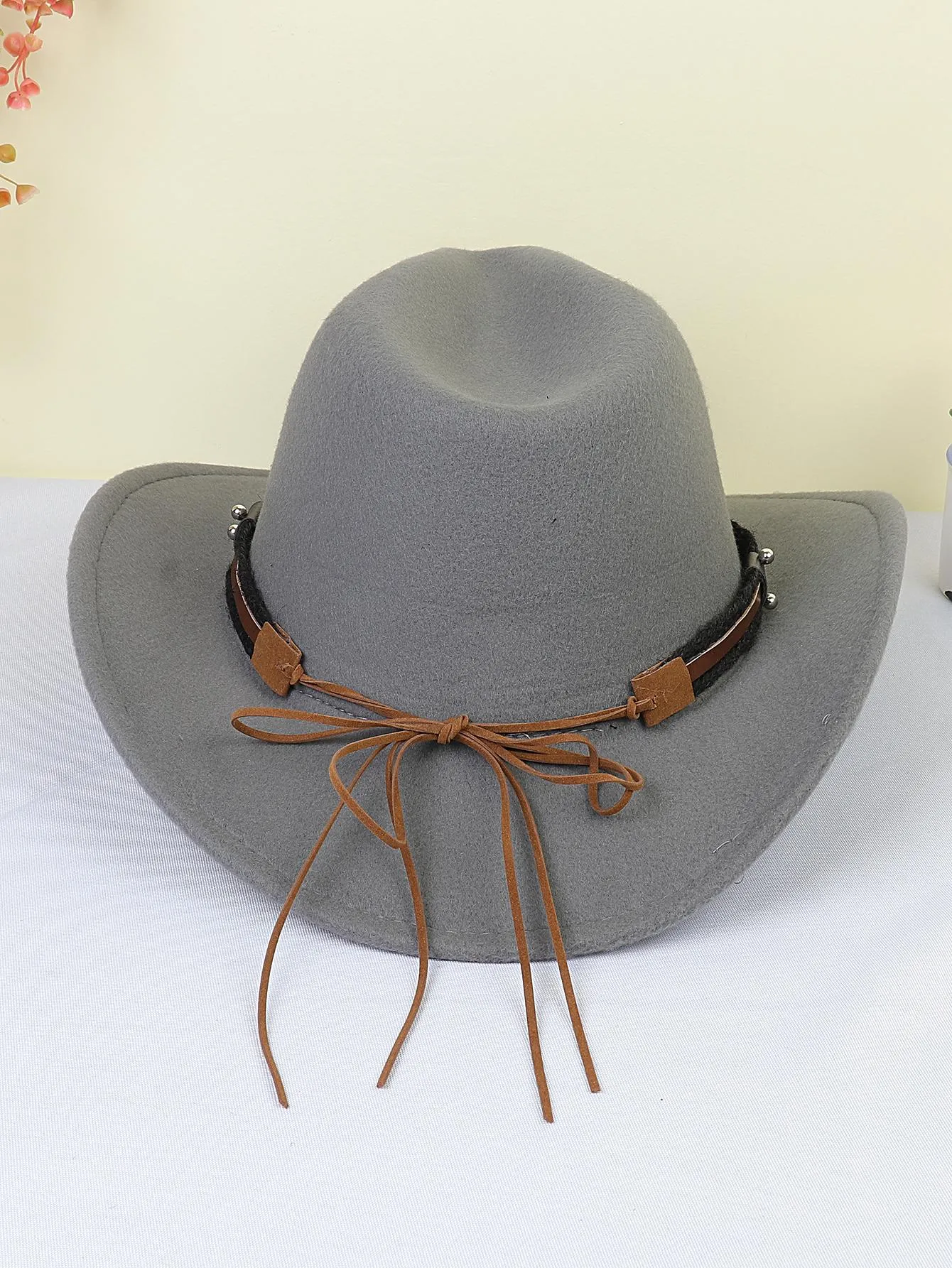 1pc Women Braided Detail Cattle Head Decor Cowboy Fedora Hat For Autumn