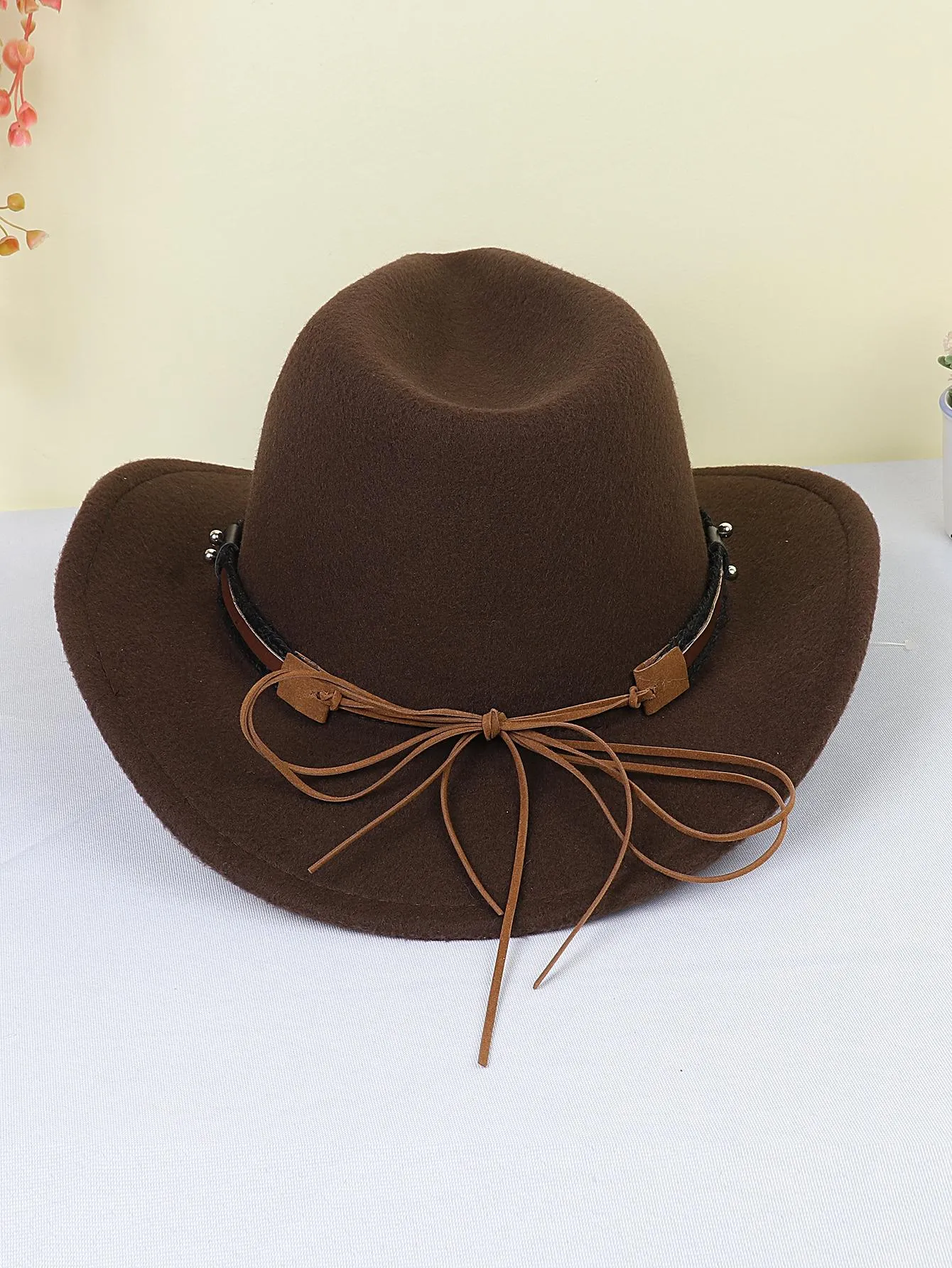 1pc Women Braided Detail Cattle Head Decor Cowboy Fedora Hat For Autumn