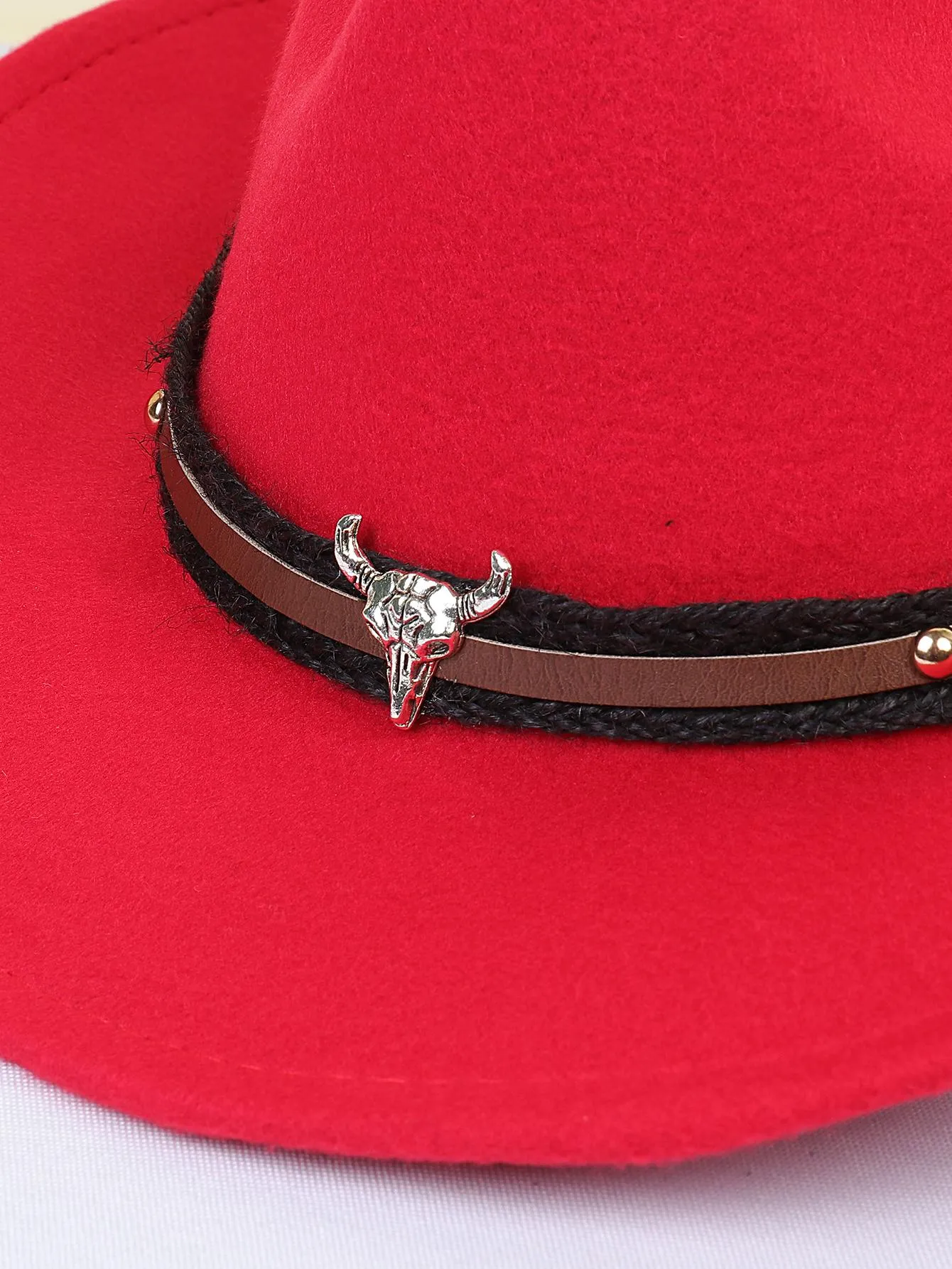 1pc Women Braided Detail Cattle Head Decor Cowboy Fedora Hat For Autumn