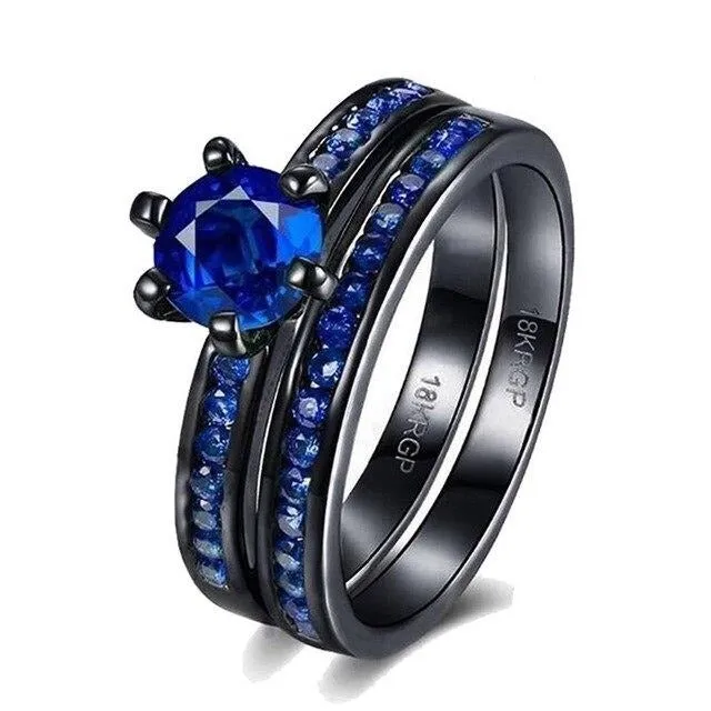 8mm Blue & Black Tungsten Carbide and Blue Cubic Zirconia Wedding Ring Set