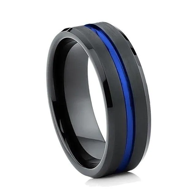 8mm Blue & Black Tungsten Carbide and Blue Cubic Zirconia Wedding Ring Set