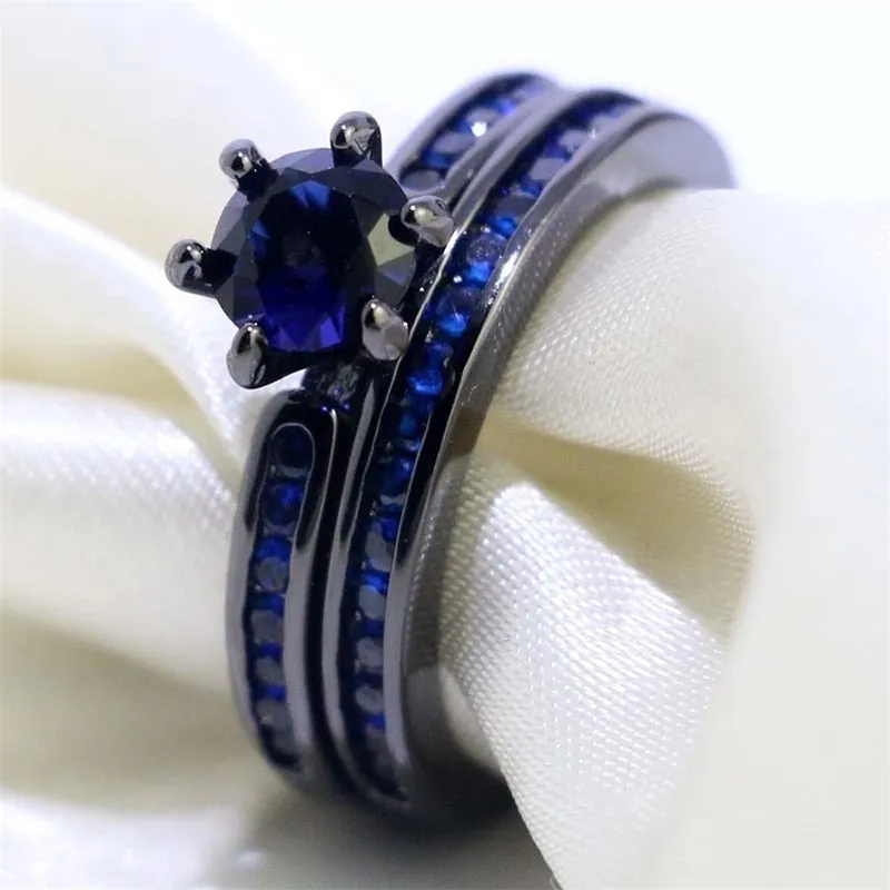 8mm Blue & Black Tungsten Carbide and Blue Cubic Zirconia Wedding Ring Set