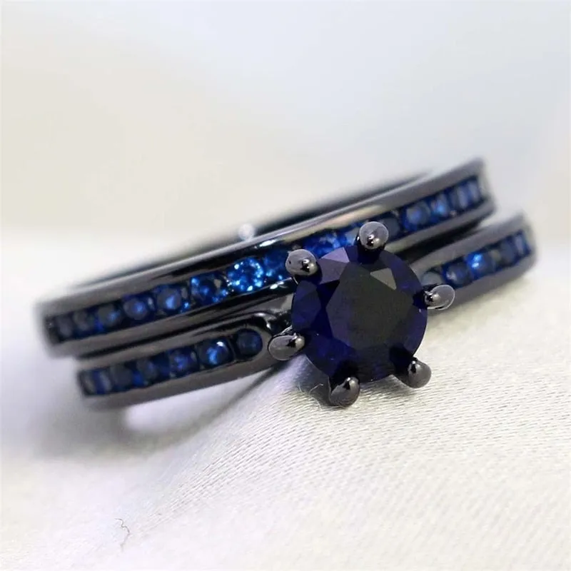 8mm Blue & Black Tungsten Carbide and Blue Cubic Zirconia Wedding Ring Set