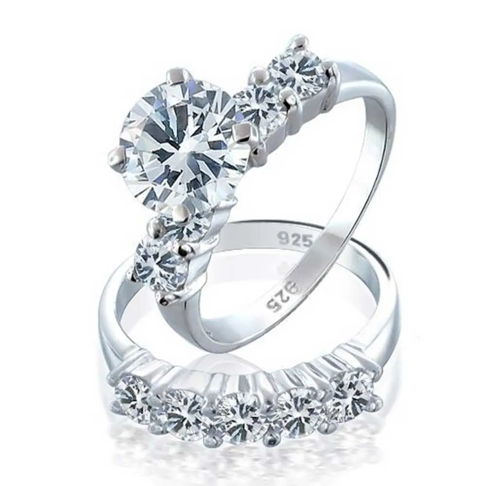 925 Silver CZ Engagement Wedding Bridal Ring Sets 2pcs