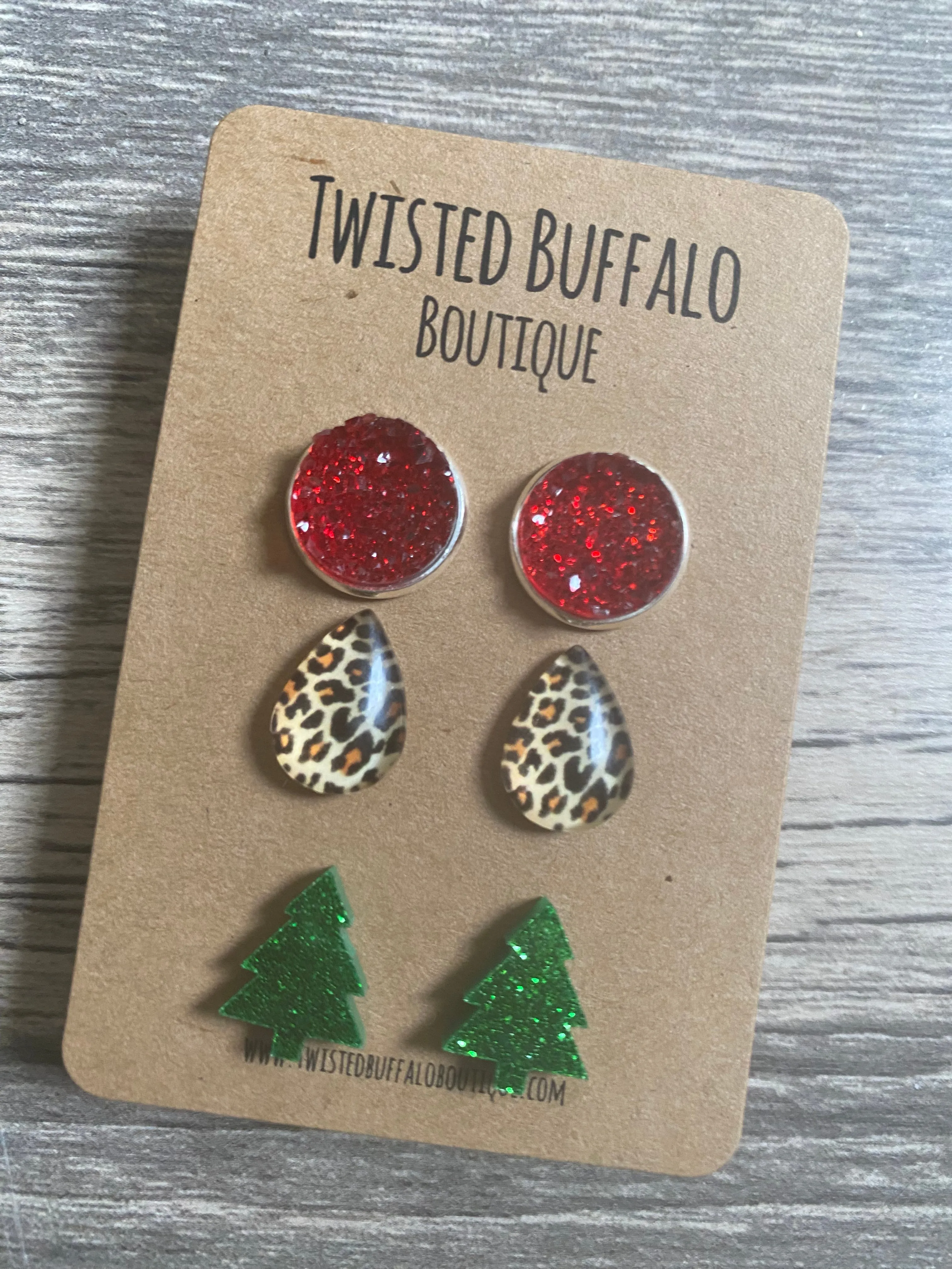 A Wild Christmas {ROUND} Red, Christmas Trees   Leopard 12mm Earrings Set