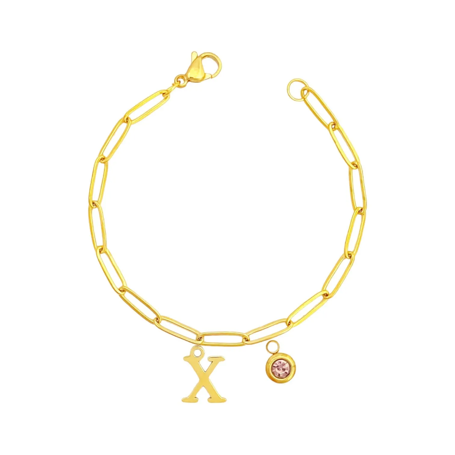 Alphabet Birthstone Paperclip Bracelet Gold (V-Z)