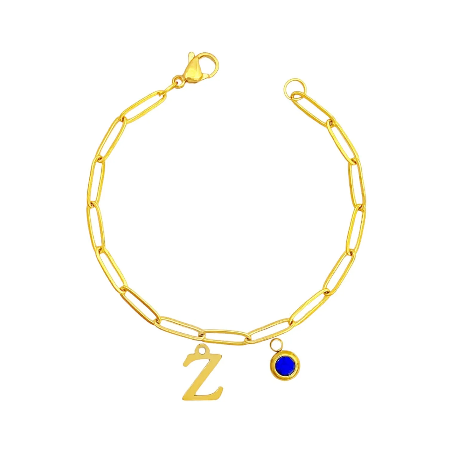 Alphabet Birthstone Paperclip Bracelet Gold (V-Z)