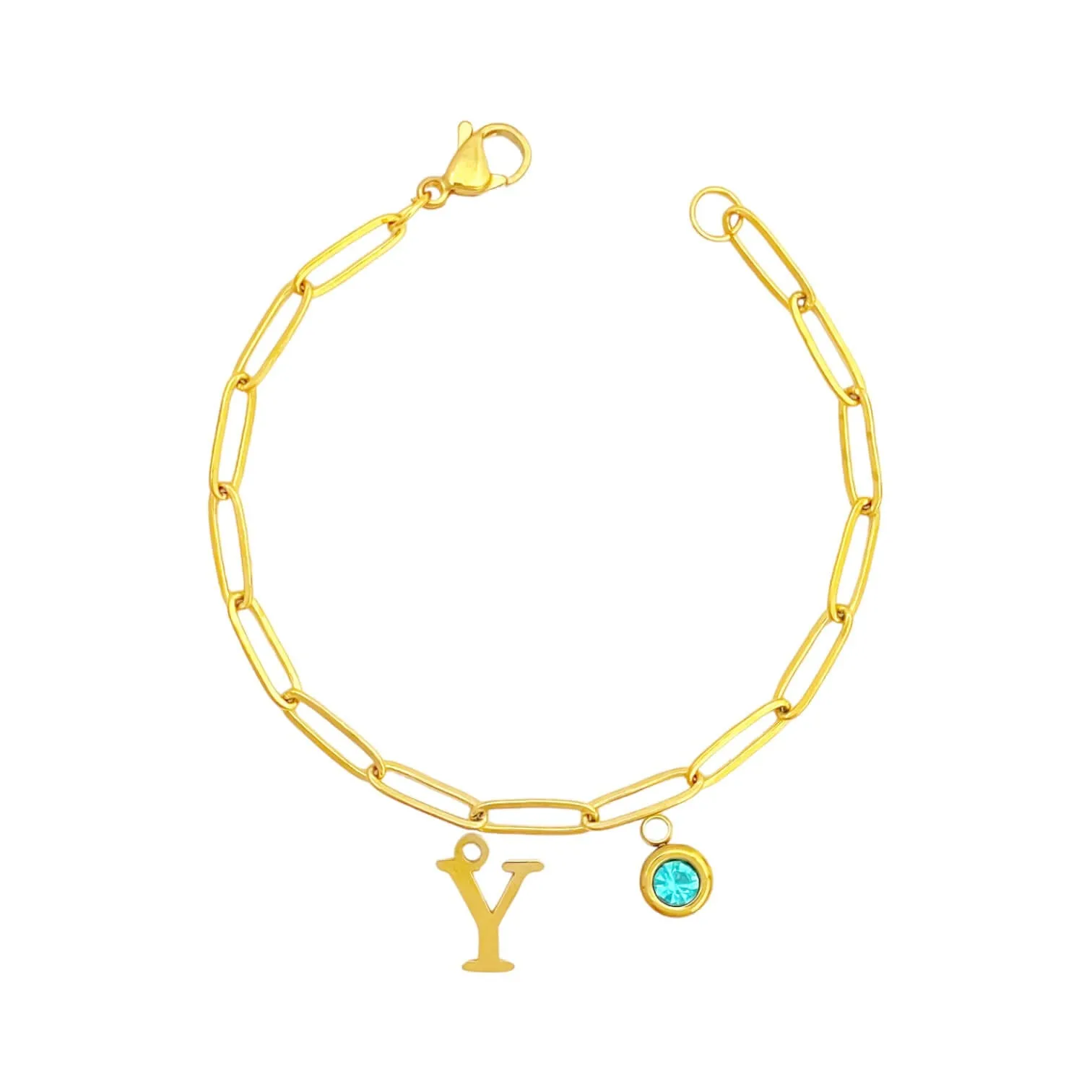 Alphabet Birthstone Paperclip Bracelet Gold (V-Z)