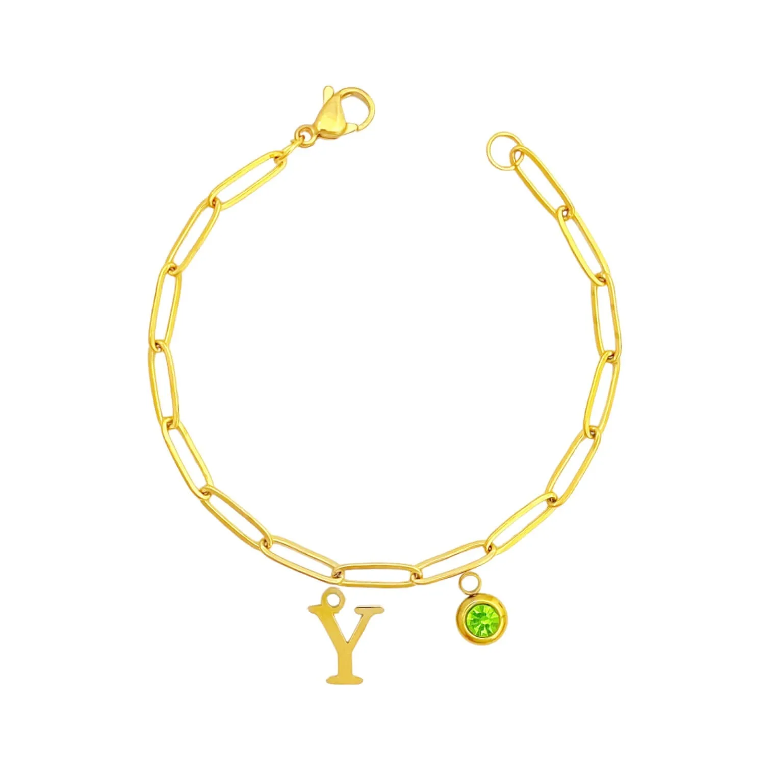 Alphabet Birthstone Paperclip Bracelet Gold (V-Z)