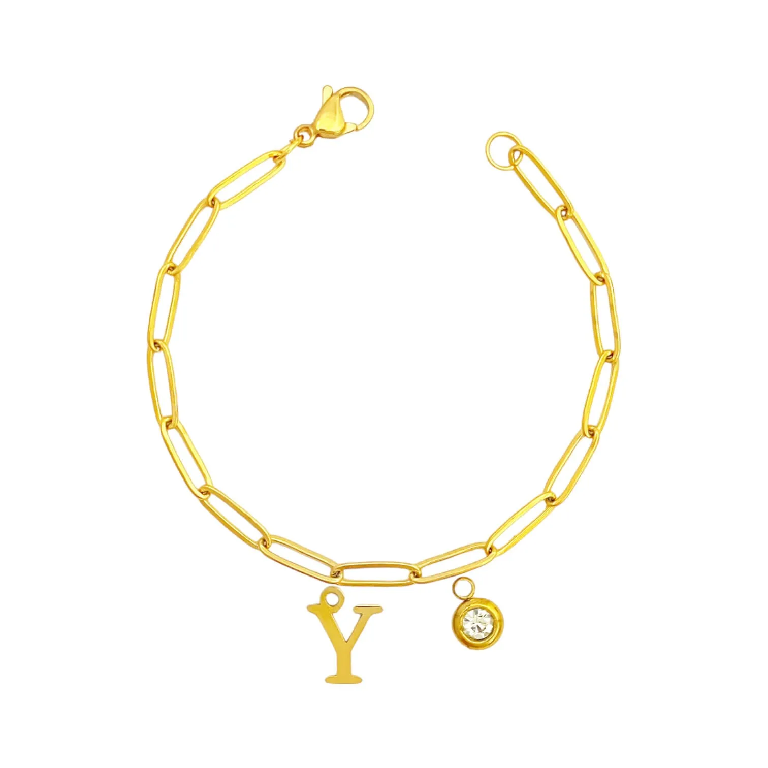 Alphabet Birthstone Paperclip Bracelet Gold (V-Z)