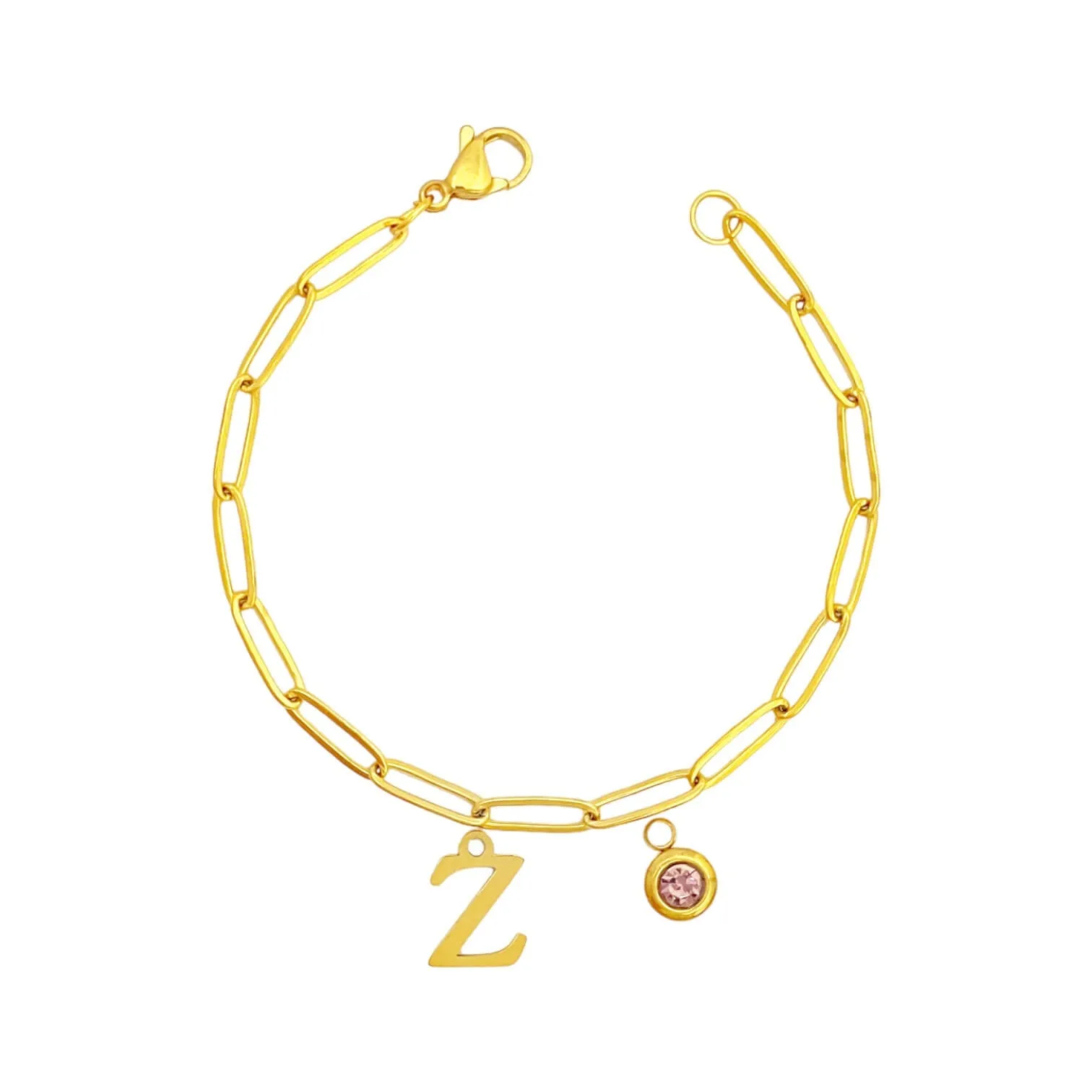 Alphabet Birthstone Paperclip Bracelet Gold (V-Z)