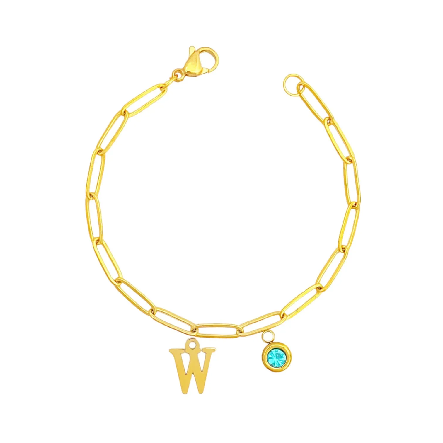 Alphabet Birthstone Paperclip Bracelet Gold (V-Z)