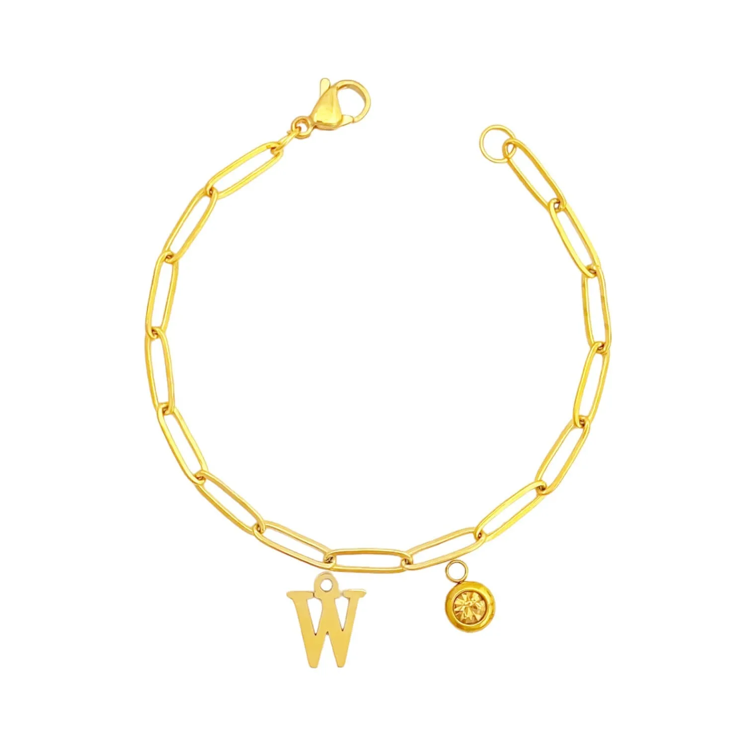 Alphabet Birthstone Paperclip Bracelet Gold (V-Z)