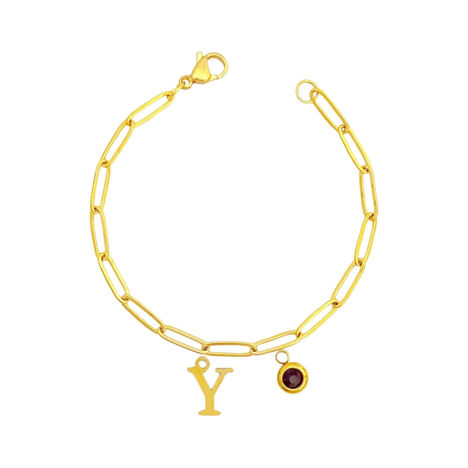 Alphabet Birthstone Paperclip Bracelet Gold (V-Z)