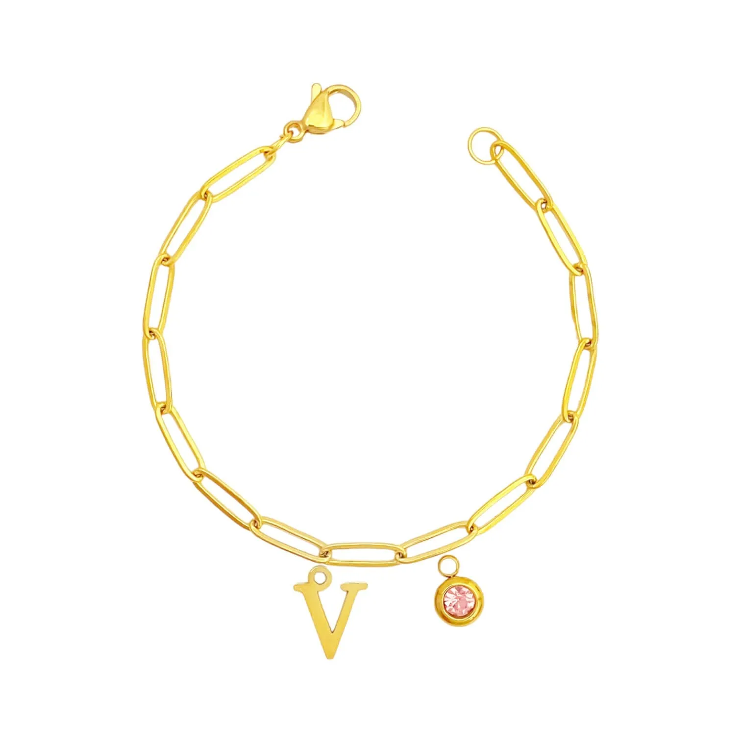 Alphabet Birthstone Paperclip Bracelet Gold (V-Z)