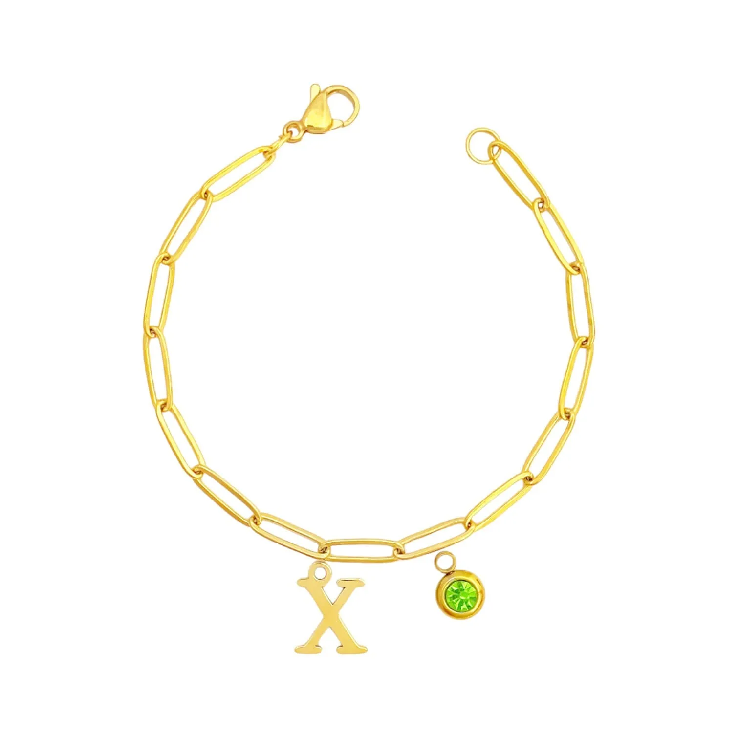 Alphabet Birthstone Paperclip Bracelet Gold (V-Z)