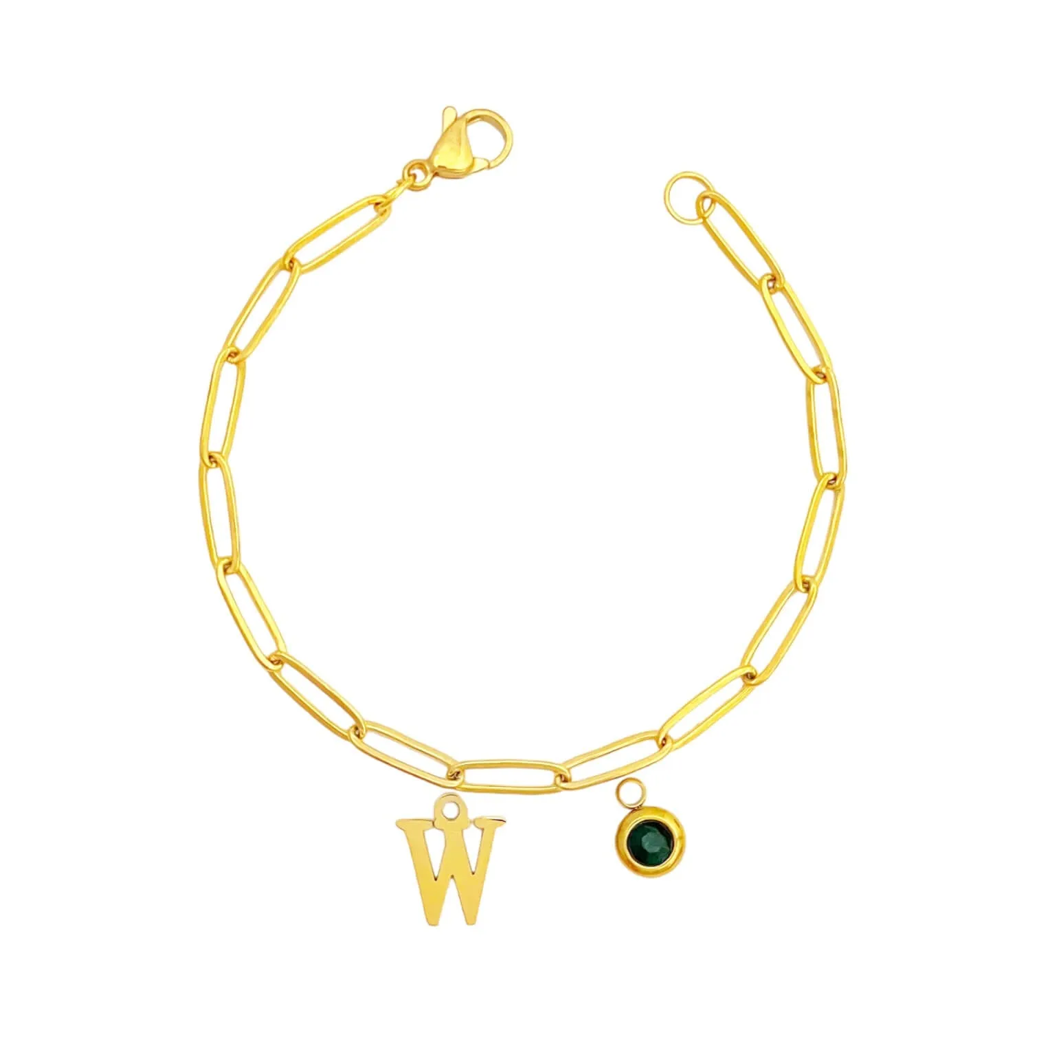 Alphabet Birthstone Paperclip Bracelet Gold (V-Z)