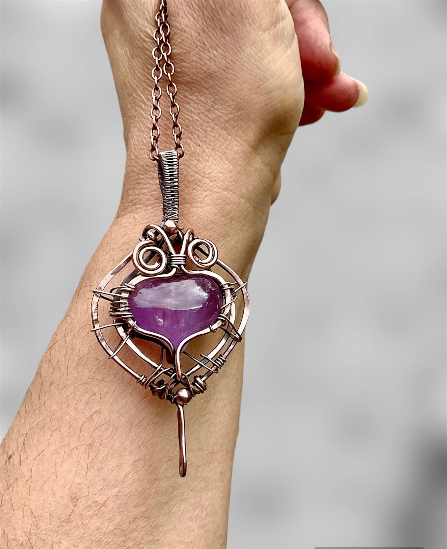 Amethyst Puffy Heart Wire Wrapped Pendant