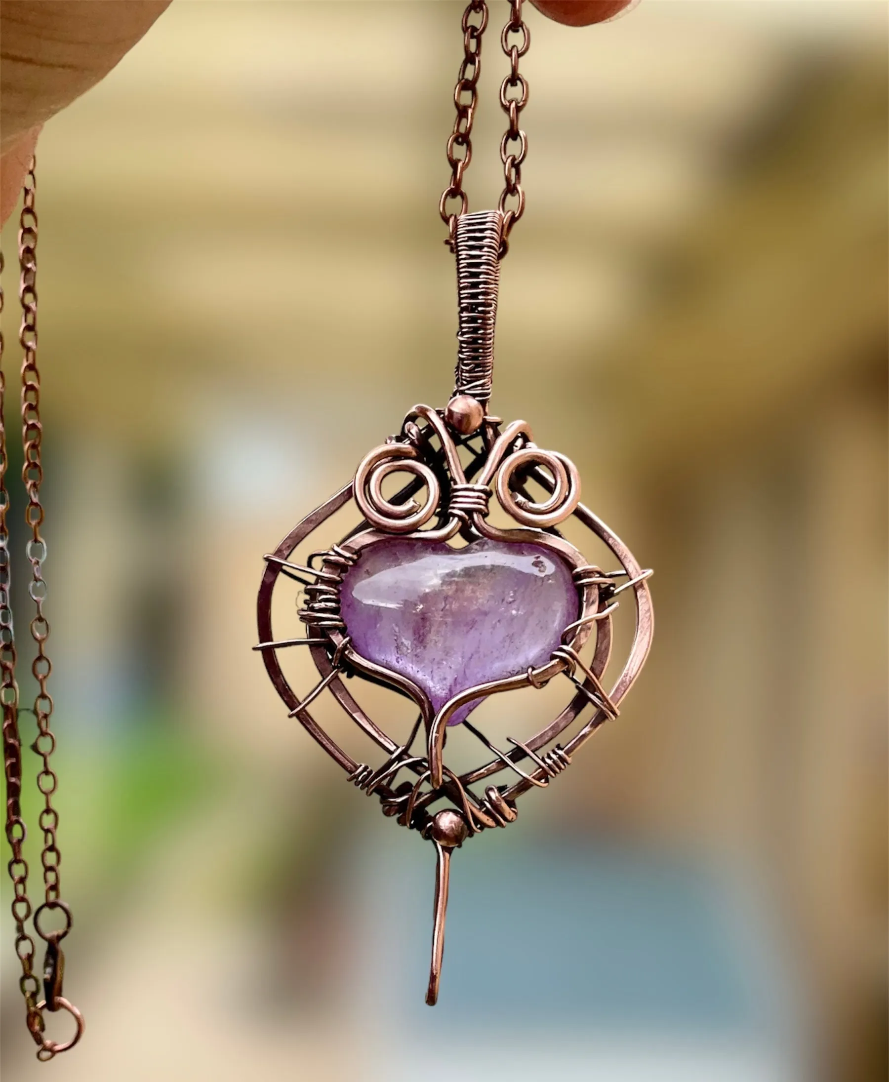 Amethyst Puffy Heart Wire Wrapped Pendant