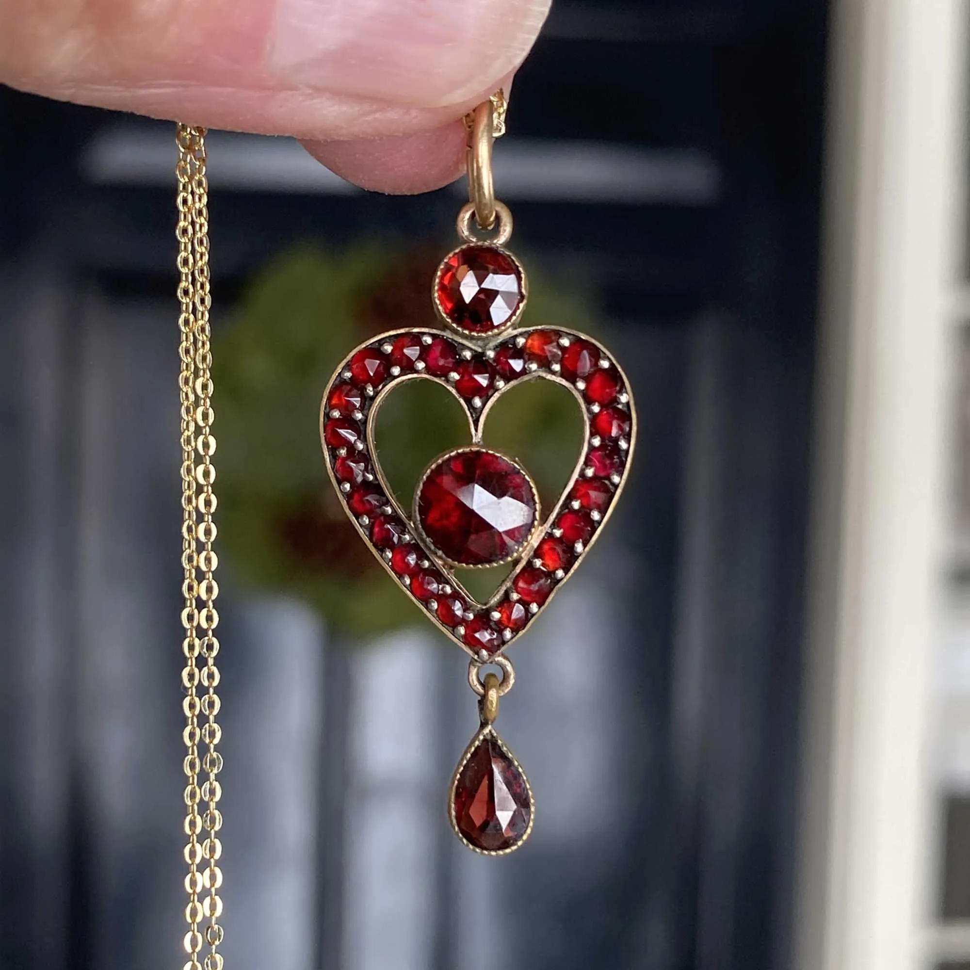 Antique Bohemian Garnet Heart Lavalier Pendant