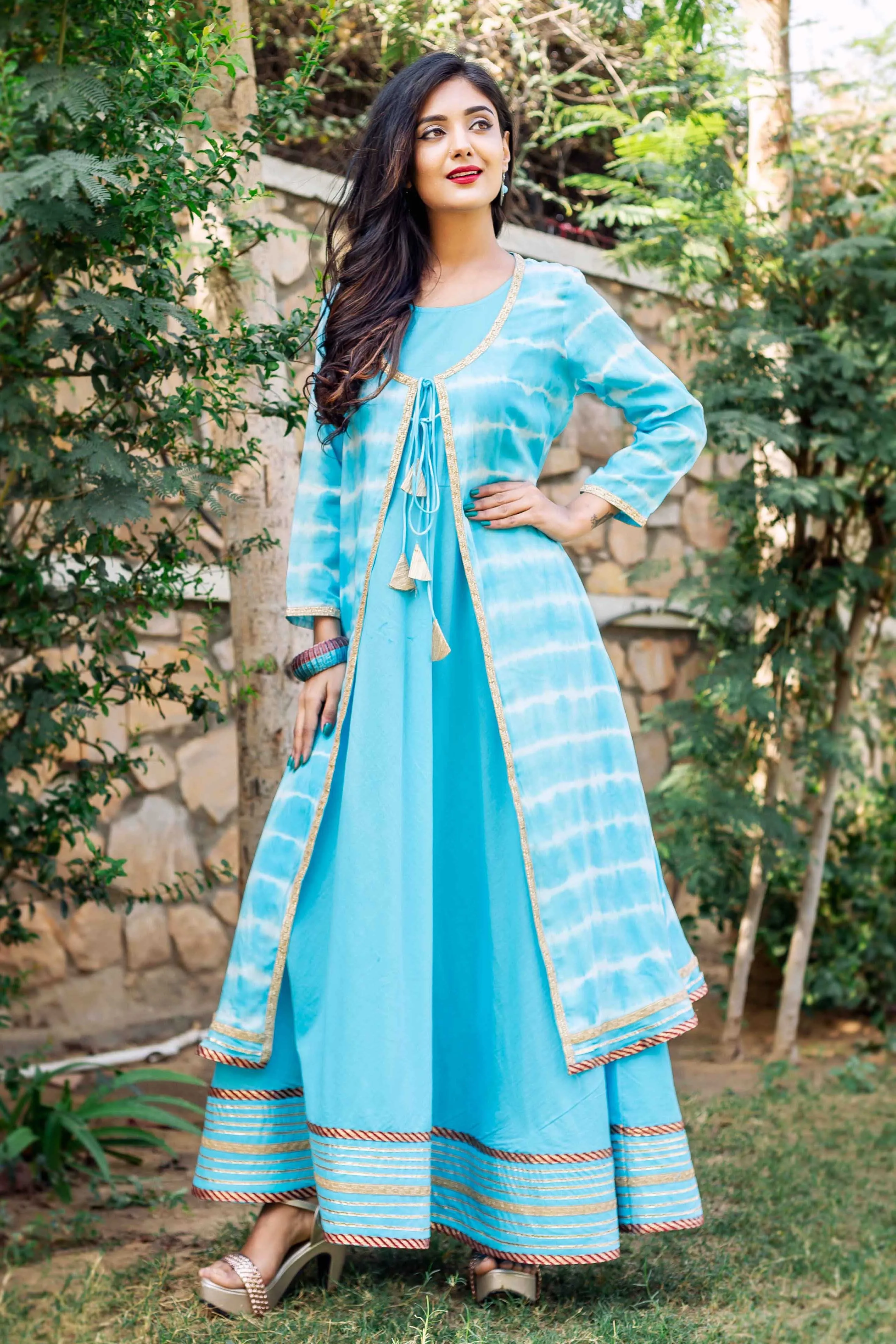 Aqua Blue Tie and Dye Double Layered Jacket Style Dress