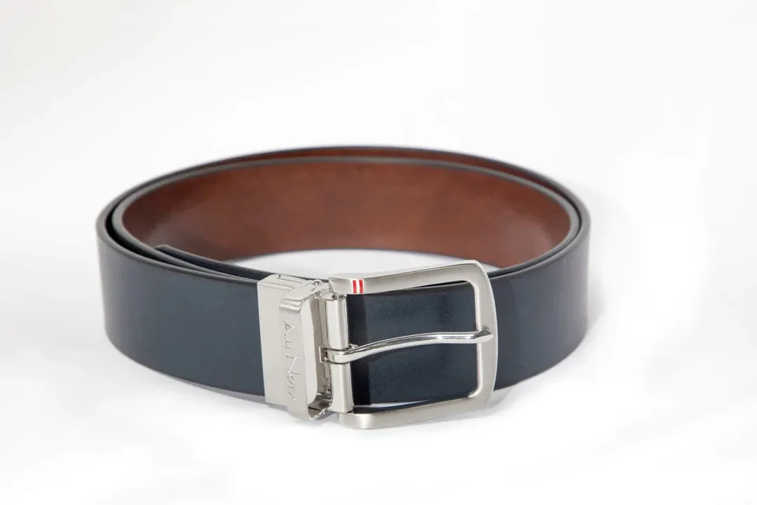 AU NOIR Reversible Belt | Strauss Brushed Nickle, Tan-Navy