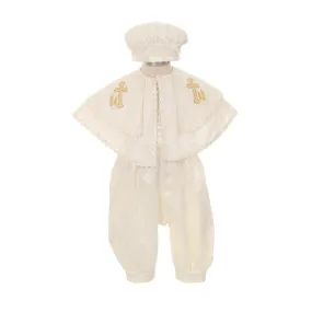 Baby Boys Ivory Silk Cross Cape Hat Baptism Romper Jumpsuit 6-12M