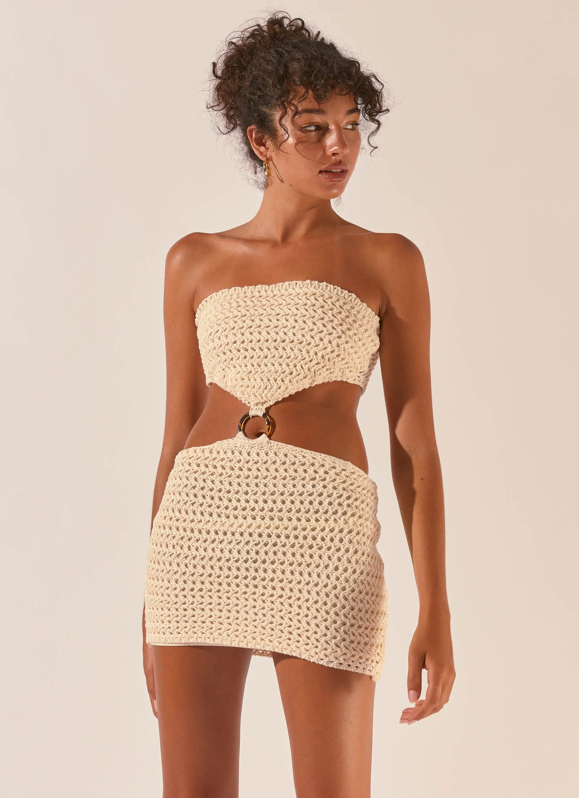 Balmy Nights Crochet Mini Dress - Seashell