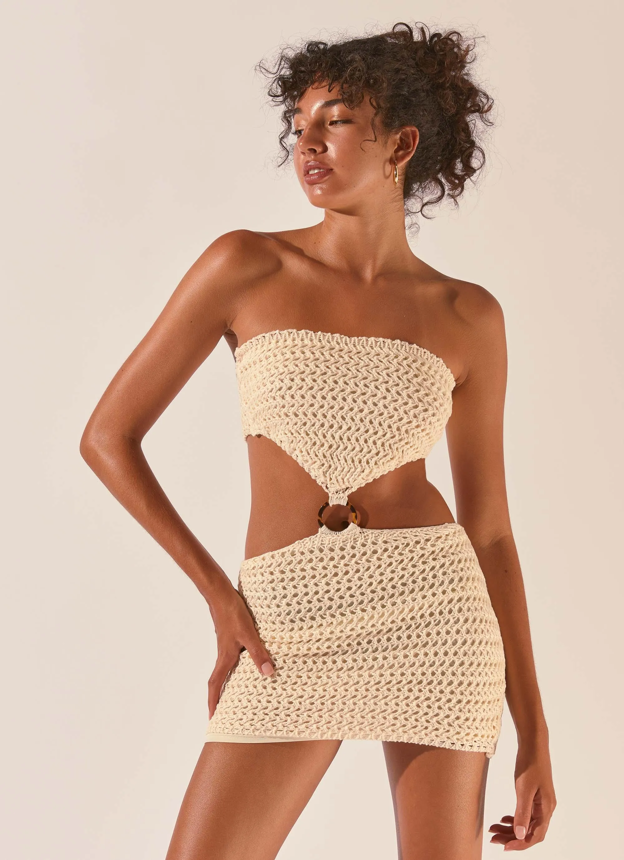 Balmy Nights Crochet Mini Dress - Seashell