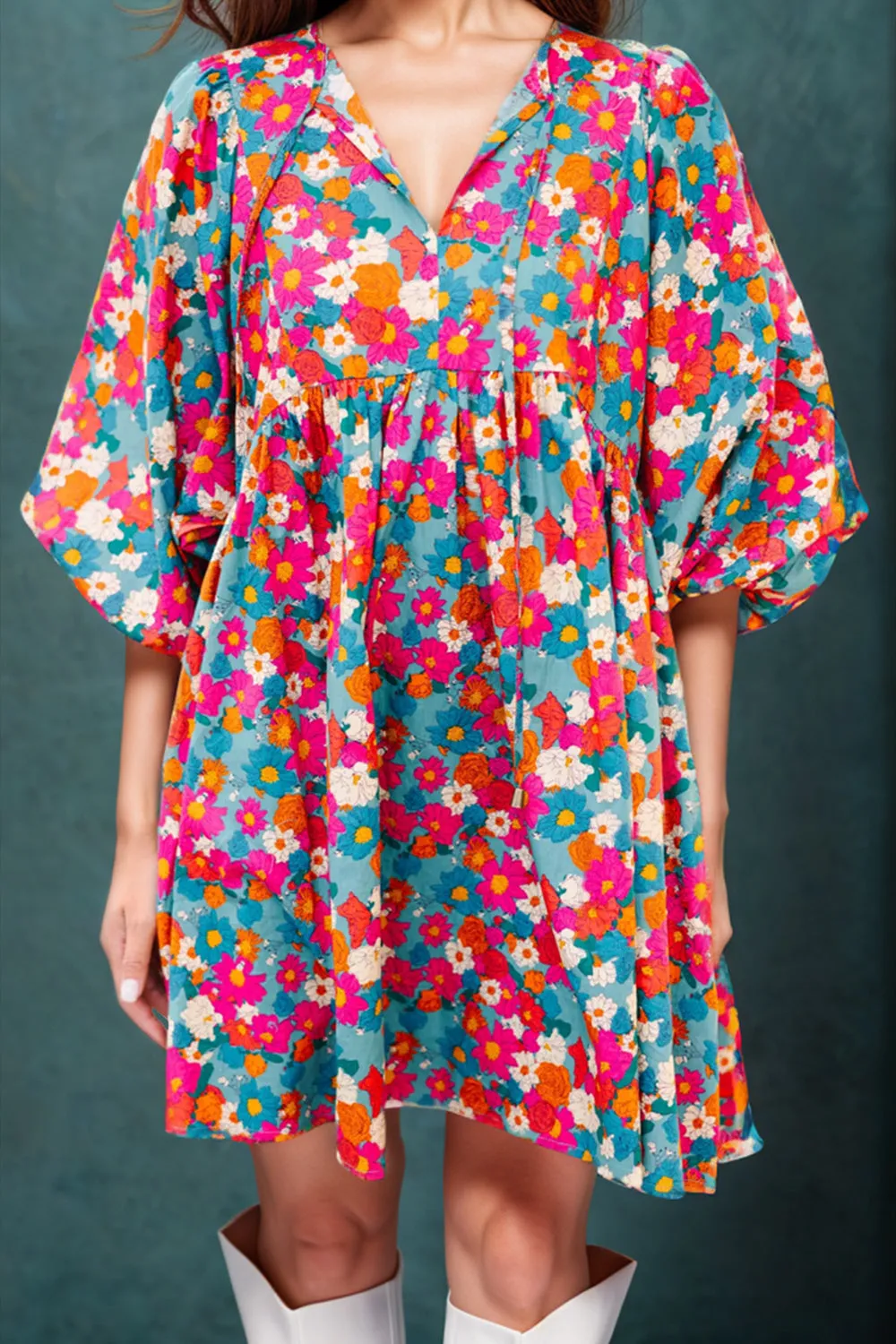 Beach Wedding Guest Attire: Women's Floral Tie-Neck Puff Sleeve Mini Dress