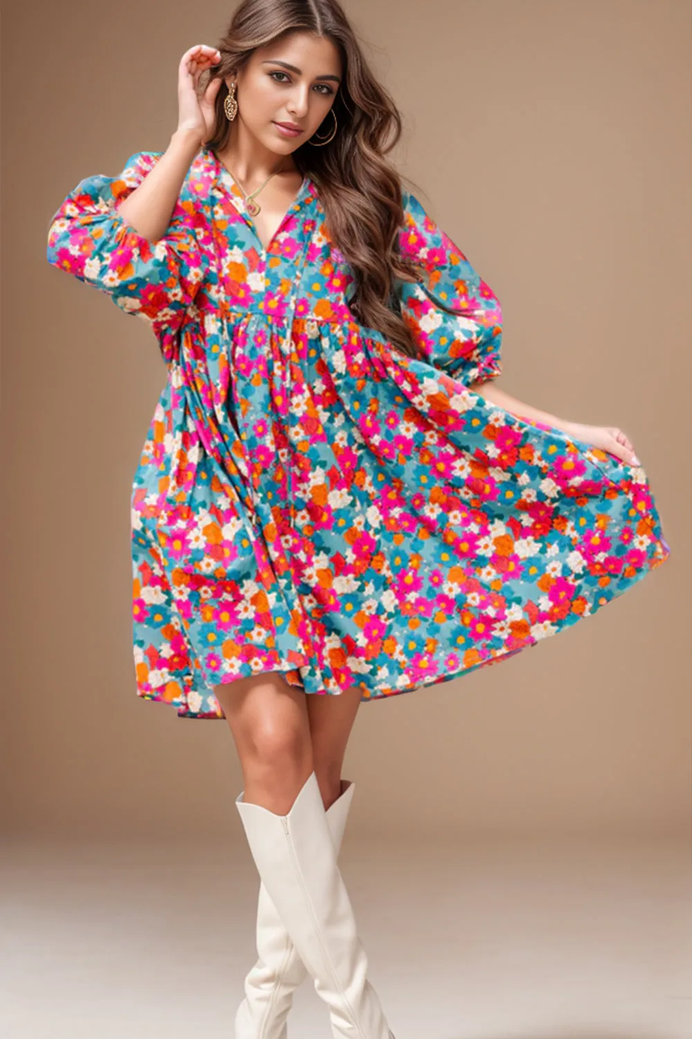 Beach Wedding Guest Attire: Women's Floral Tie-Neck Puff Sleeve Mini Dress