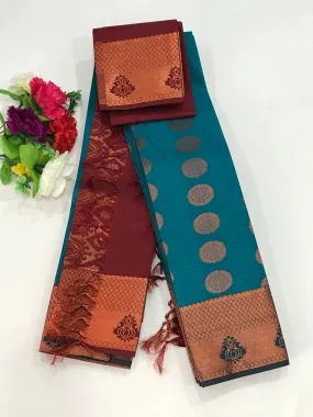 Beautiful Blue Color Emboss Butta Motifs All Over Body And Copper Zari Border