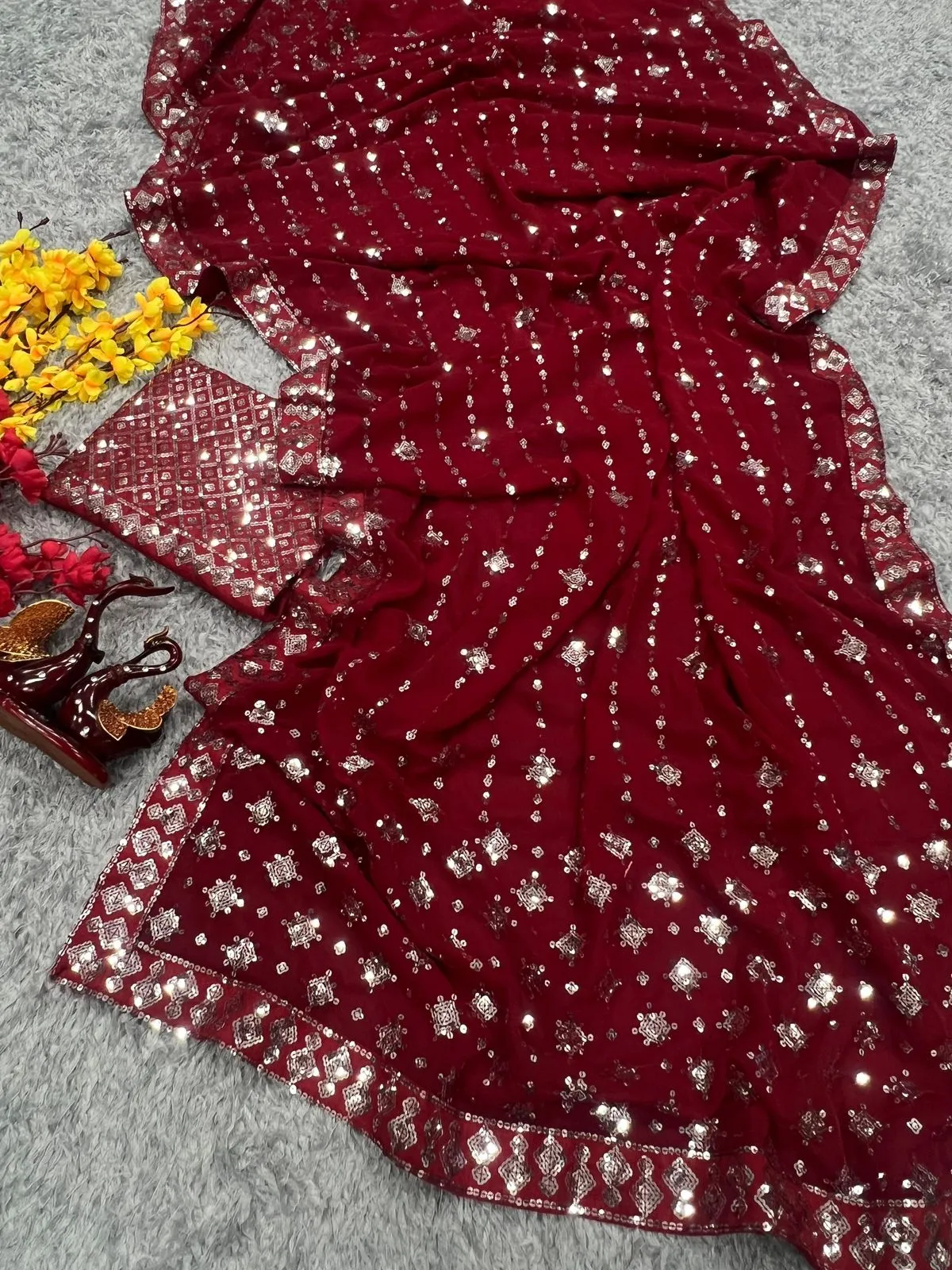 Beautiful Maroon color Soft Georgette Sequins Embroidery Work Sarees For Women