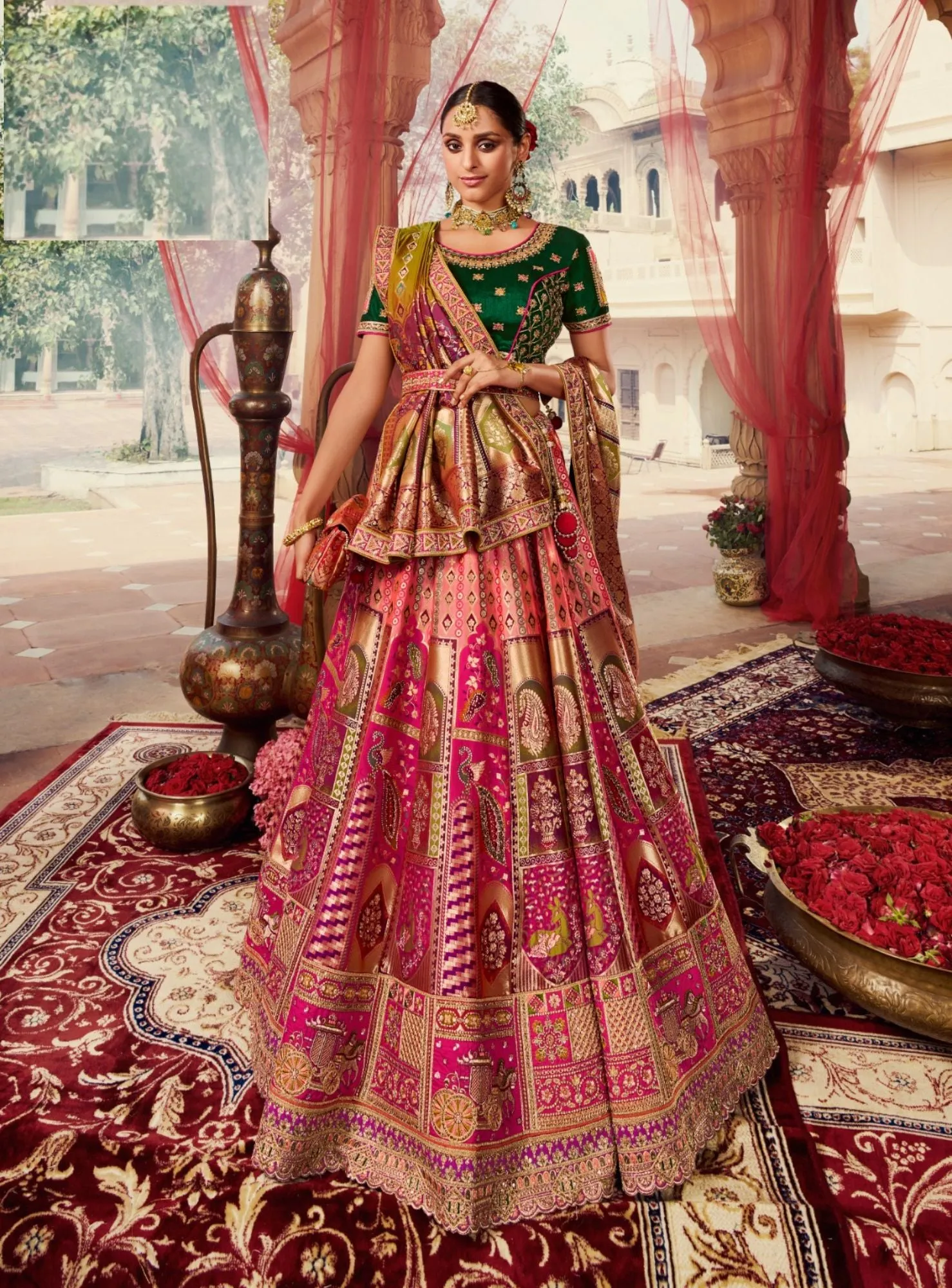 BEAUTIFUL ROYAL PINK AND GREEN LEHENGA SET - RENT