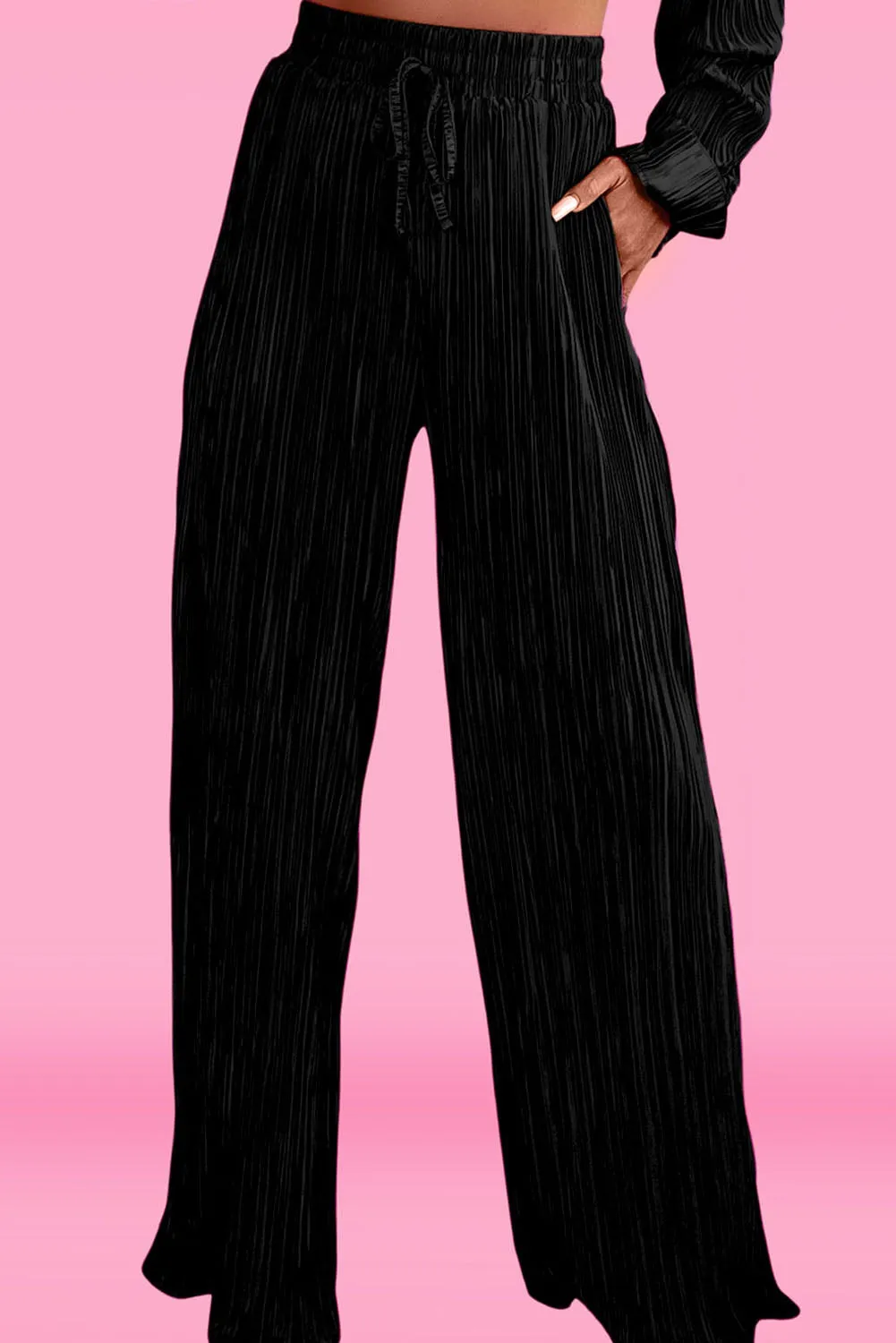 Black Pleated Long Sleeve Shirt and Wide-Leg Pants Set